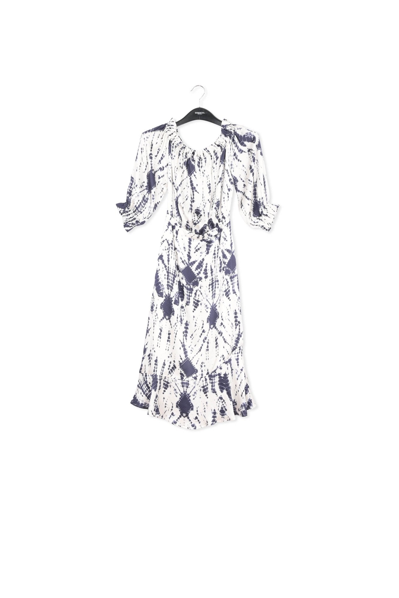 Off-white and dark blue tie-dyed off-the-shoulder silk dress RE—SSENTIEL | Essentiel second hand