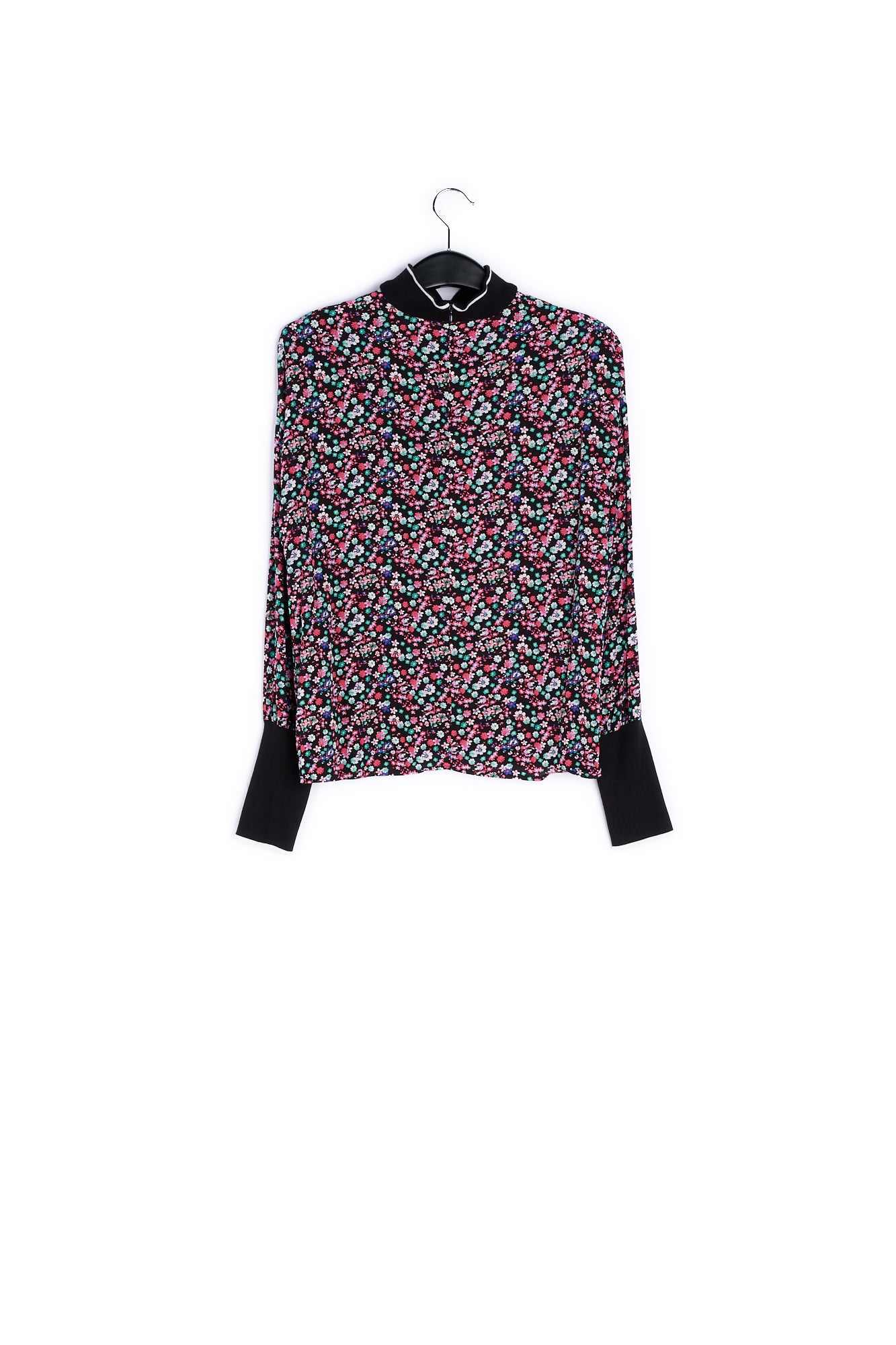 Black floral-print top with contrasting trims RE—SSENTIEL | Essentiel second hand