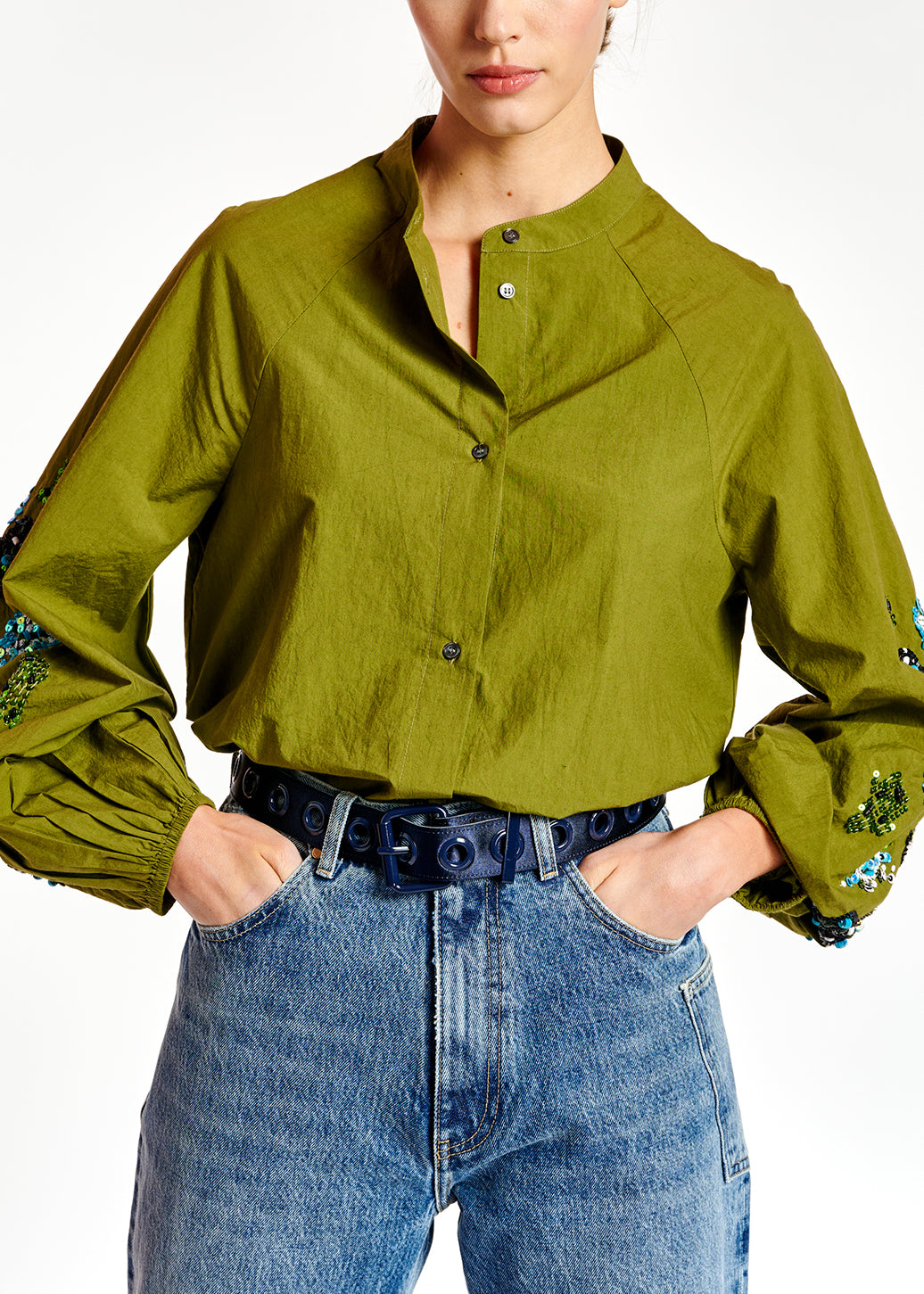 Kakigroen hemd met pailletten RE—SSENTIEL | Essentiel second hand