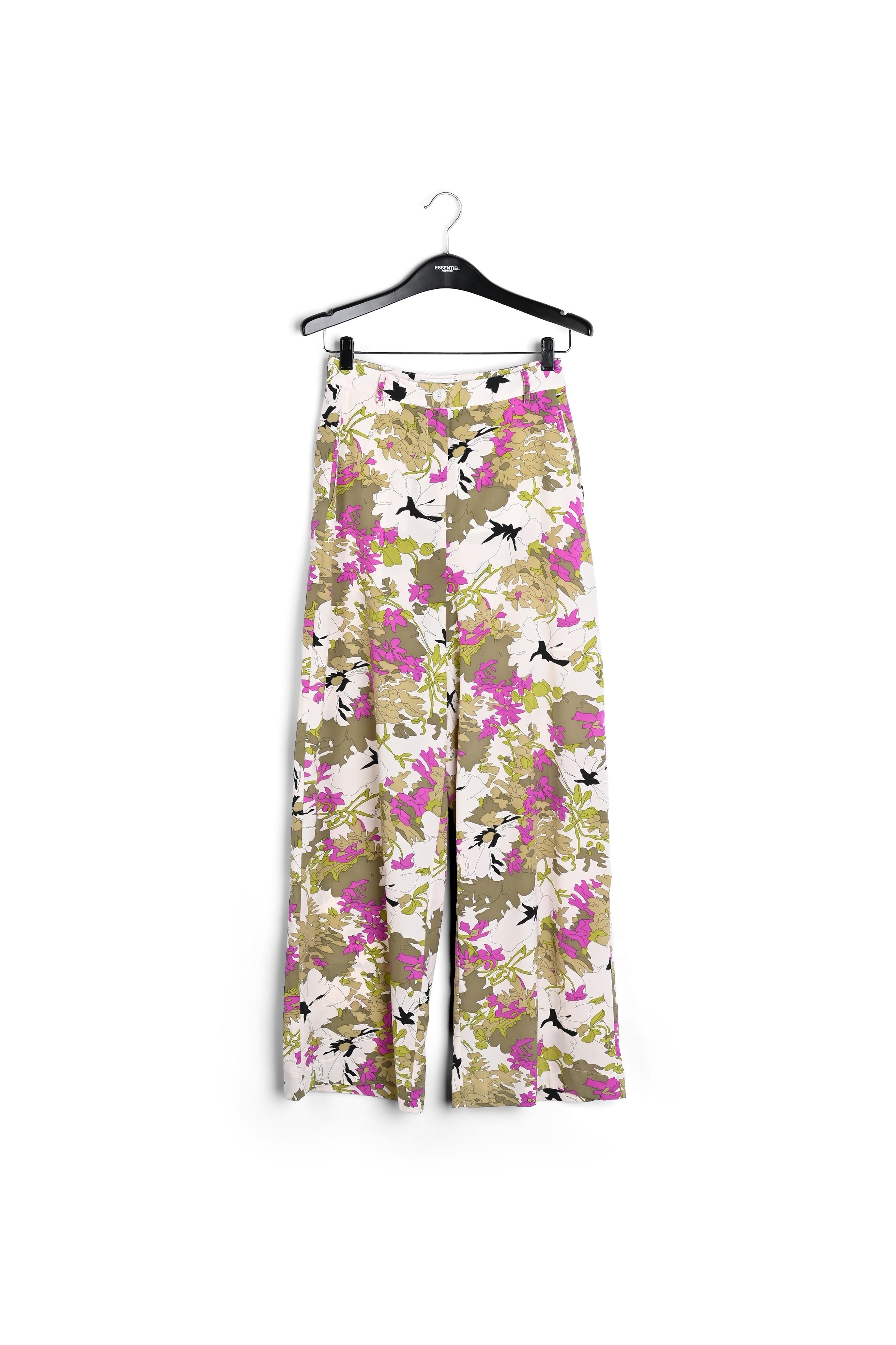 Kakigroene, witte en roze bloemenbroek met wijde pijpen RE—SSENTIEL | Essentiel second hand