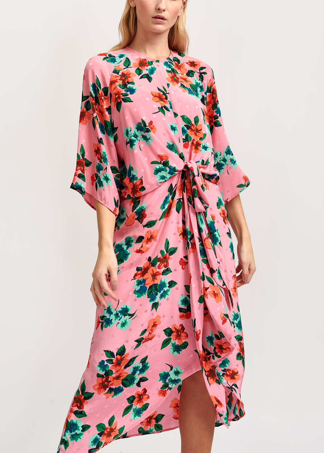 Robe midi rose en soie à fleurs et à pois RE—SSENTIEL | Essentiel second hand