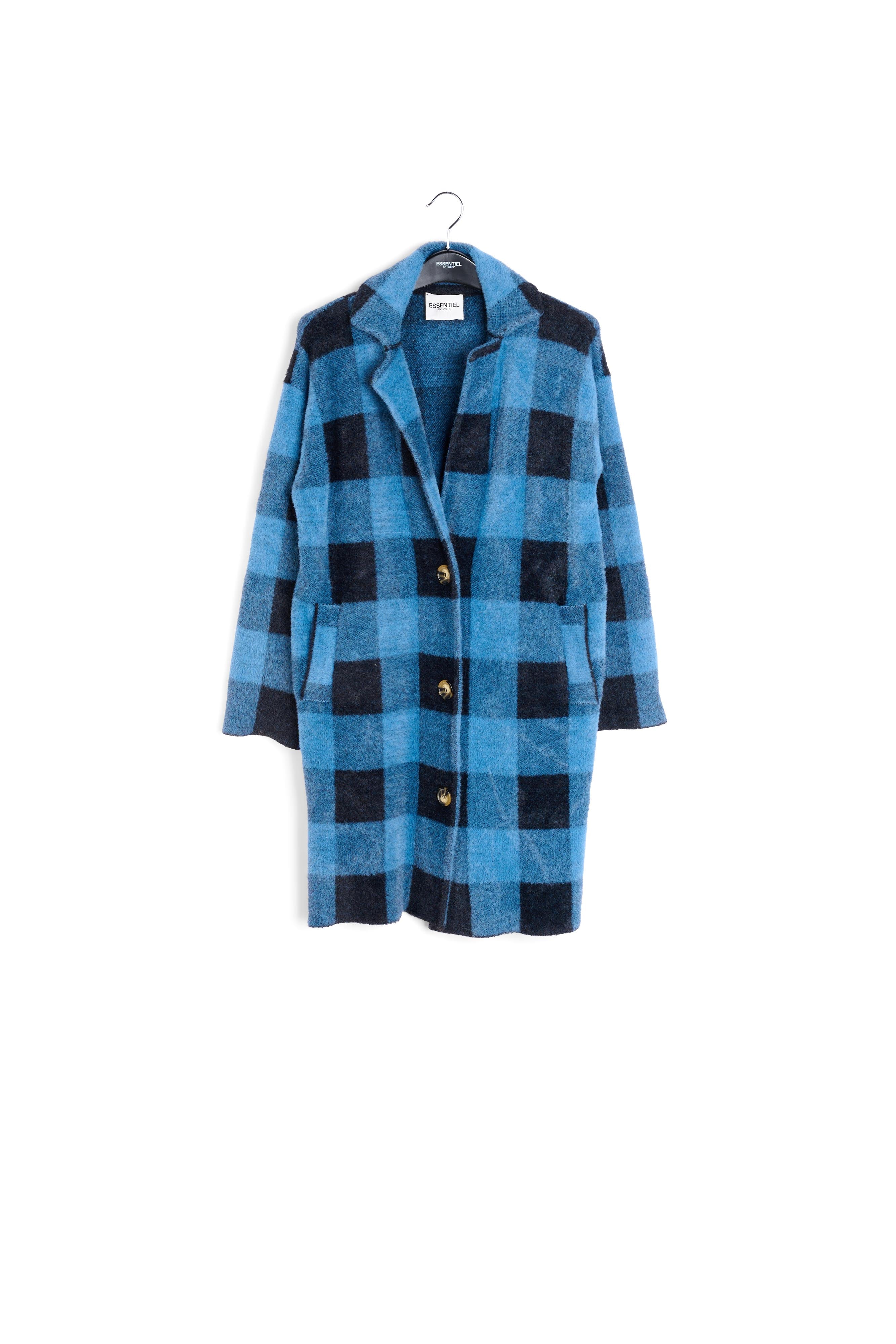 Black and blue check knitted coat RE—SSENTIEL | Essentiel second hand