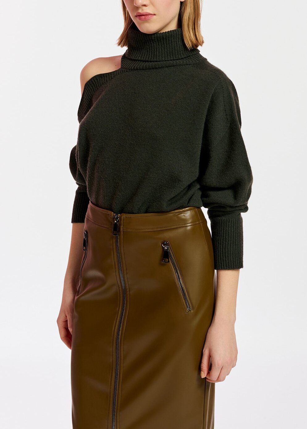 Khaki faux leather pencil skirt RE—SSENTIEL | Essentiel second hand