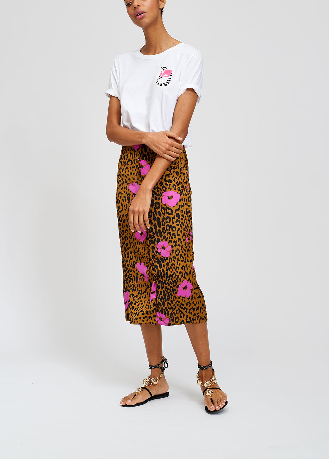 Leopard print and pink floral midi pencil skirt RE—SSENTIEL | Essentiel second hand