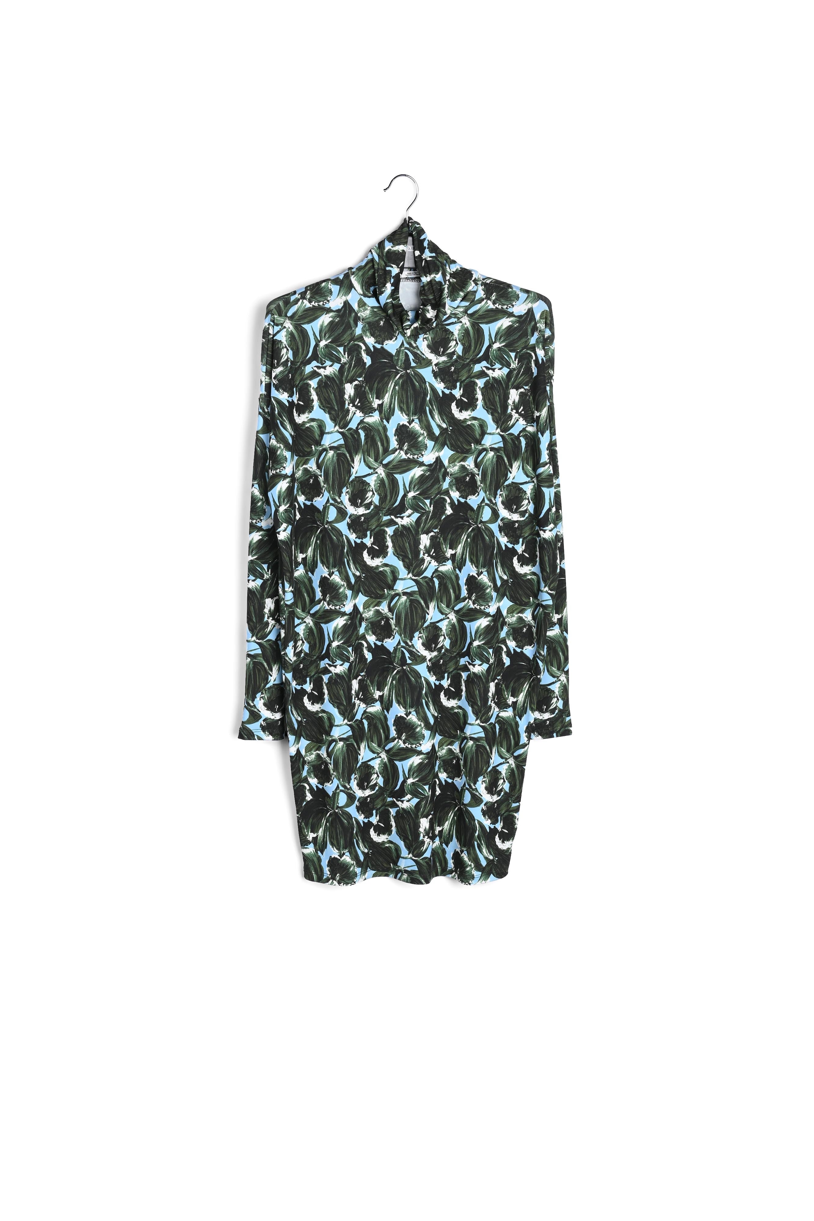 Mini-jurk met rolkraag in blauwe en groene bladerprint RE—SSENTIEL | Essentiel second hand