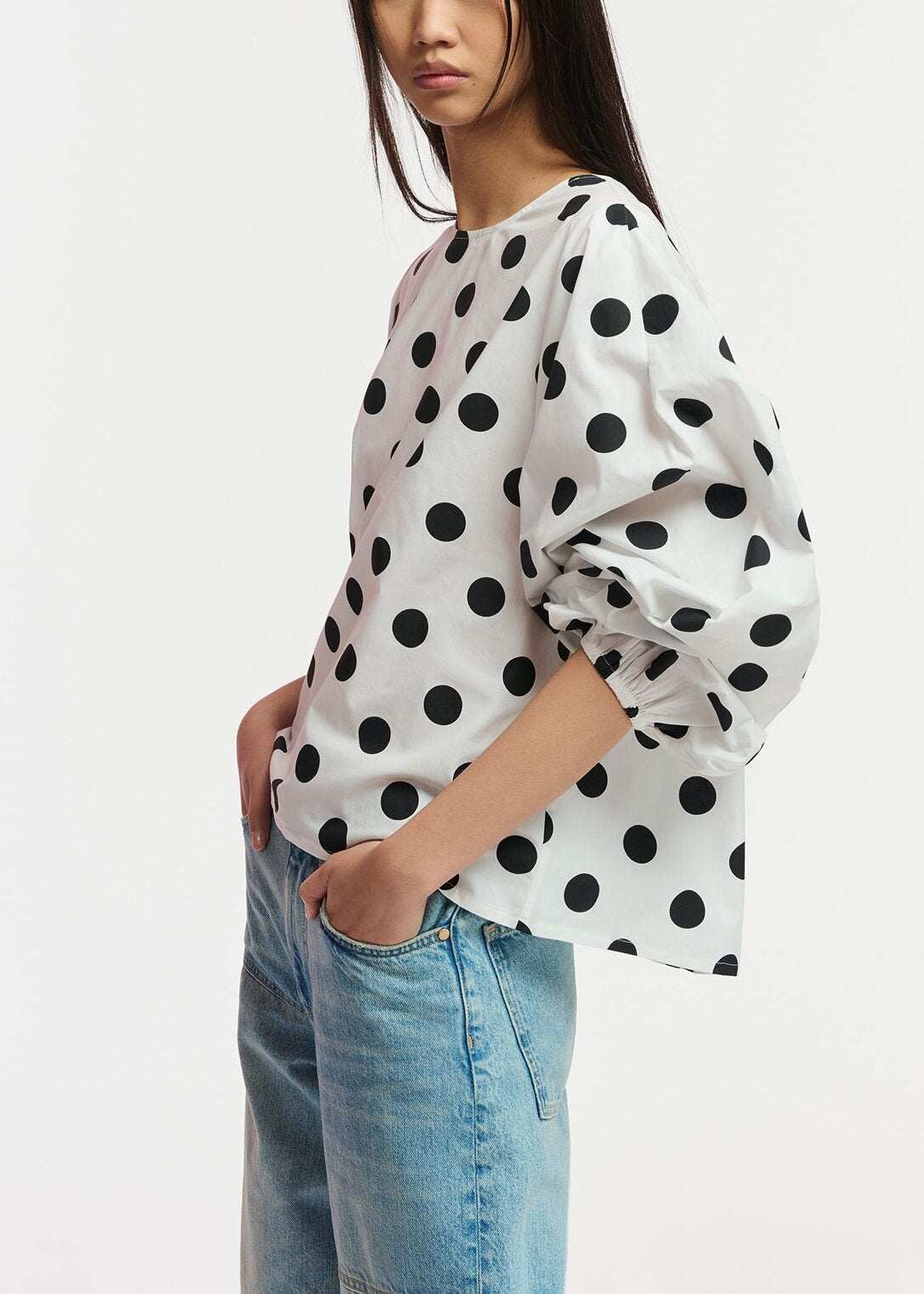 Top à pois noir et blanc à manches bouffantes RE—SSENTIEL | Essentiel second hand