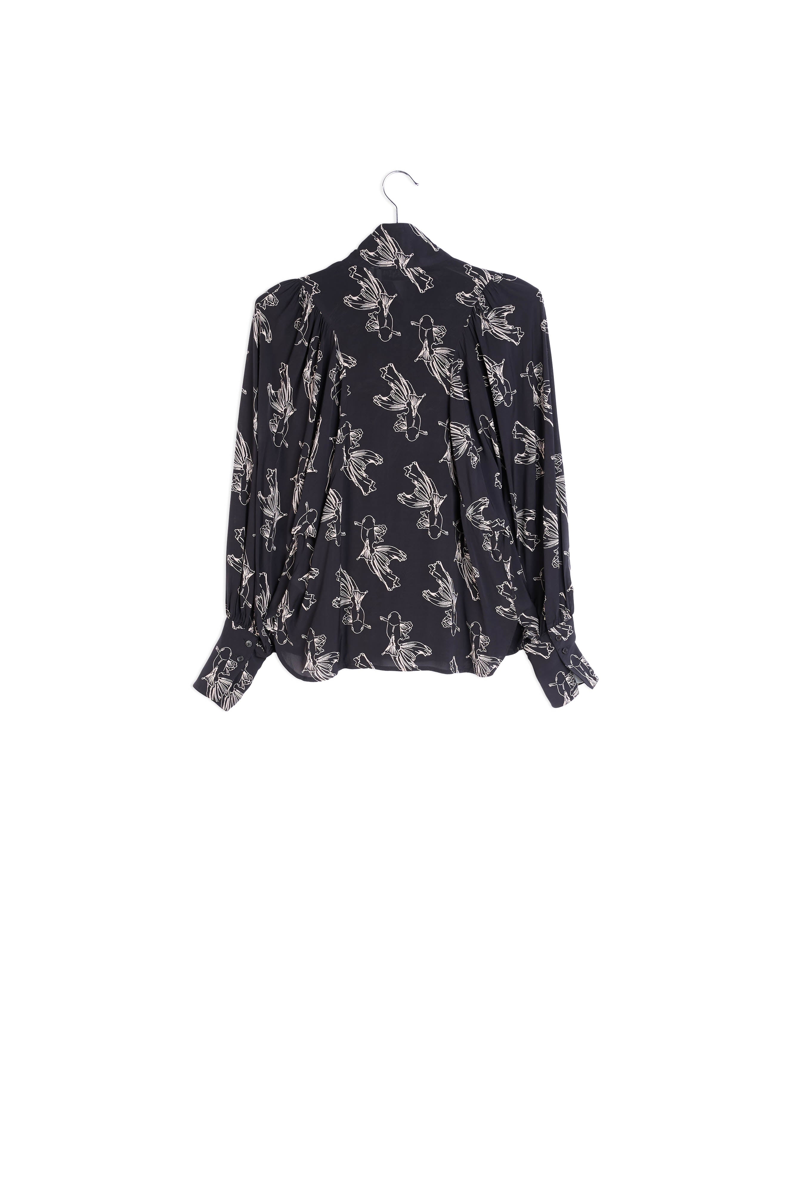 Zwart beprint overhemd met ballonmouwen RE—SSENTIEL | Essentiel second hand