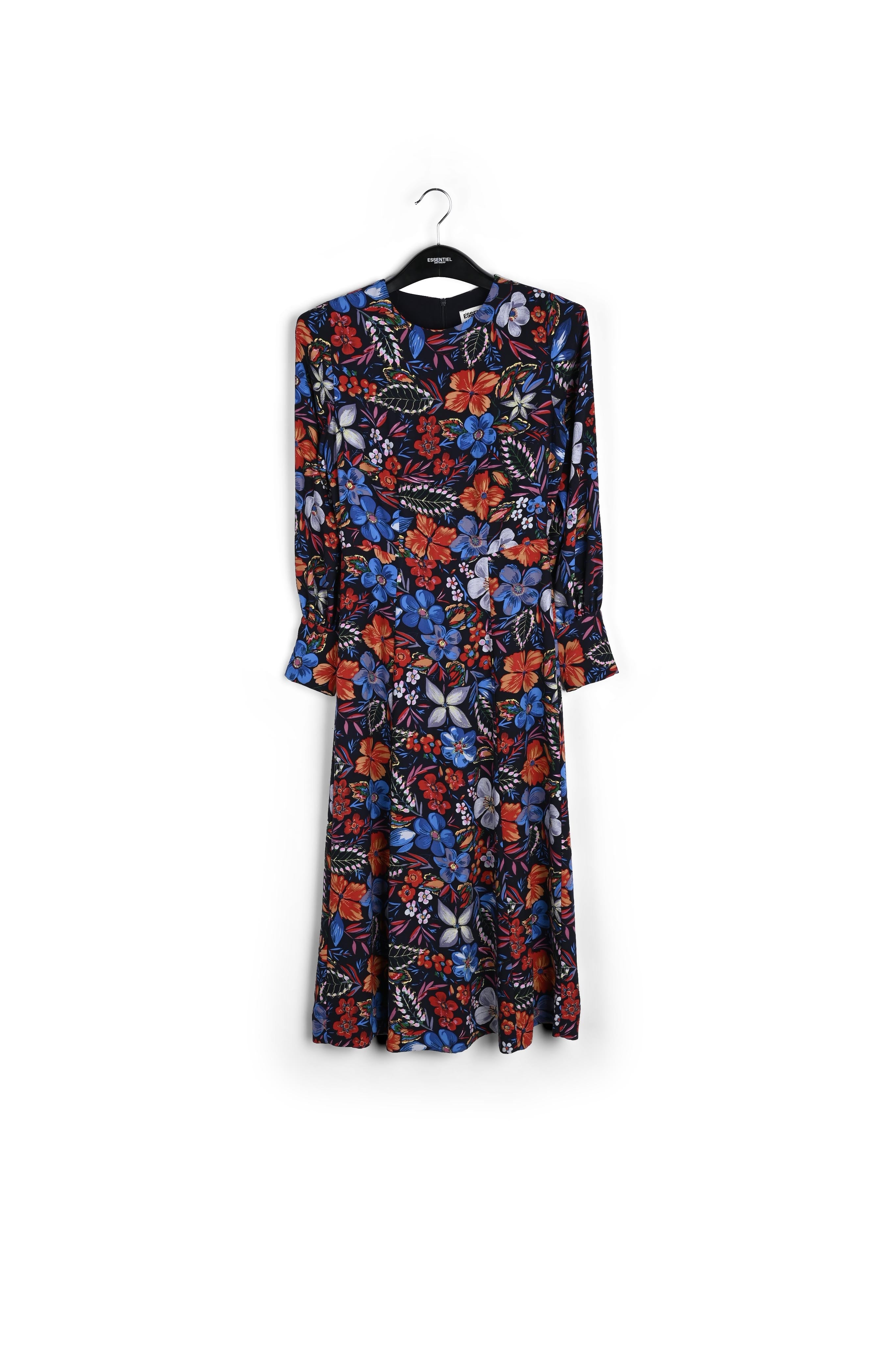 Donkerblauwe midi-jurk met bloemen RE—SSENTIEL | Essentiel second hand