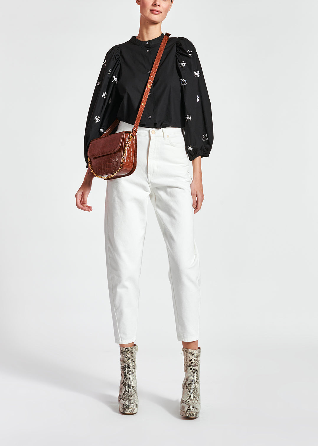 Black cotton-poplin embroidered puffed-sleeve shirt RE—SSENTIEL | Essentiel second hand