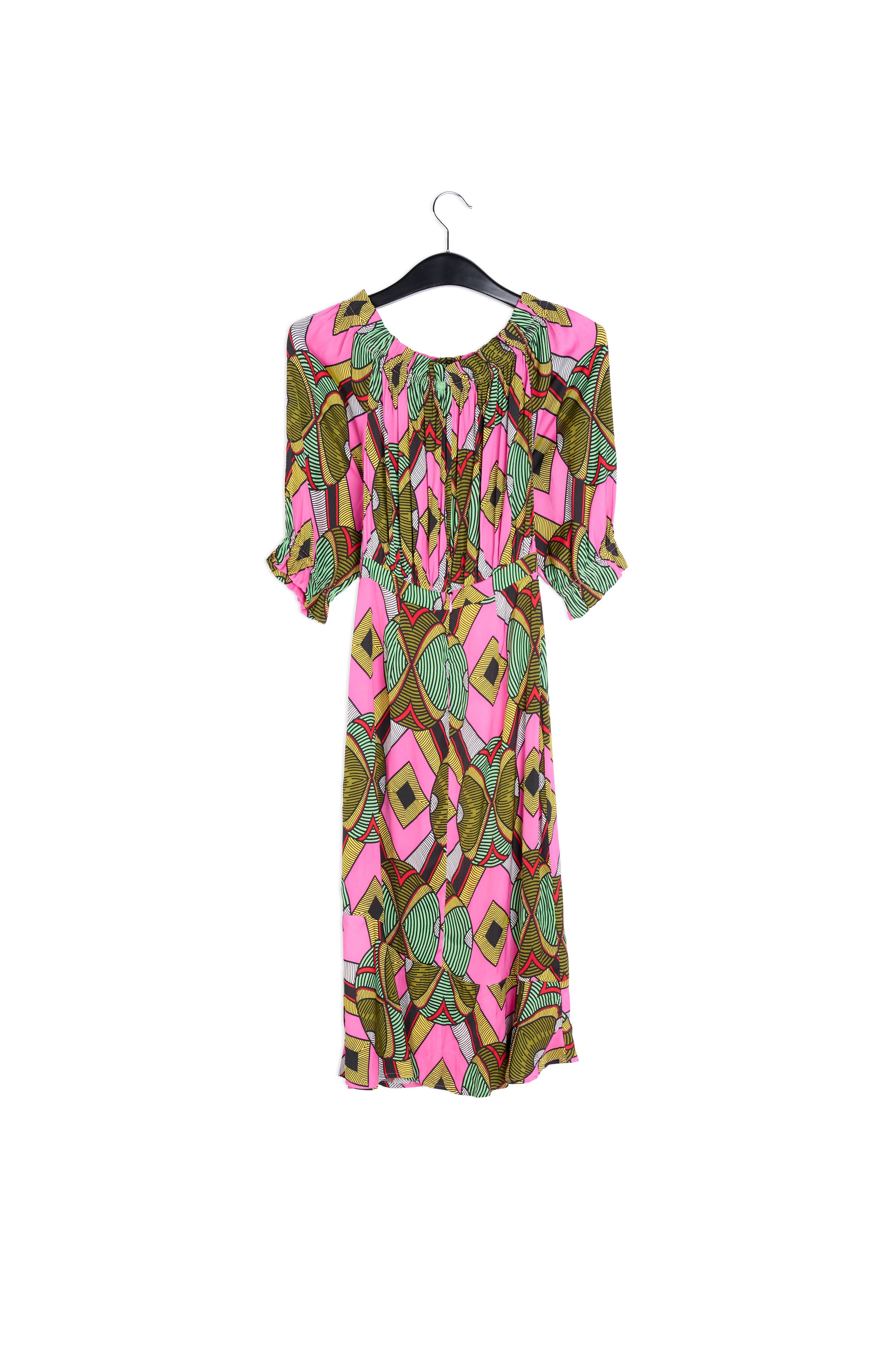 Kleurrijke grafische jurk met blote schouders RE—SSENTIEL | Essentiel second hand