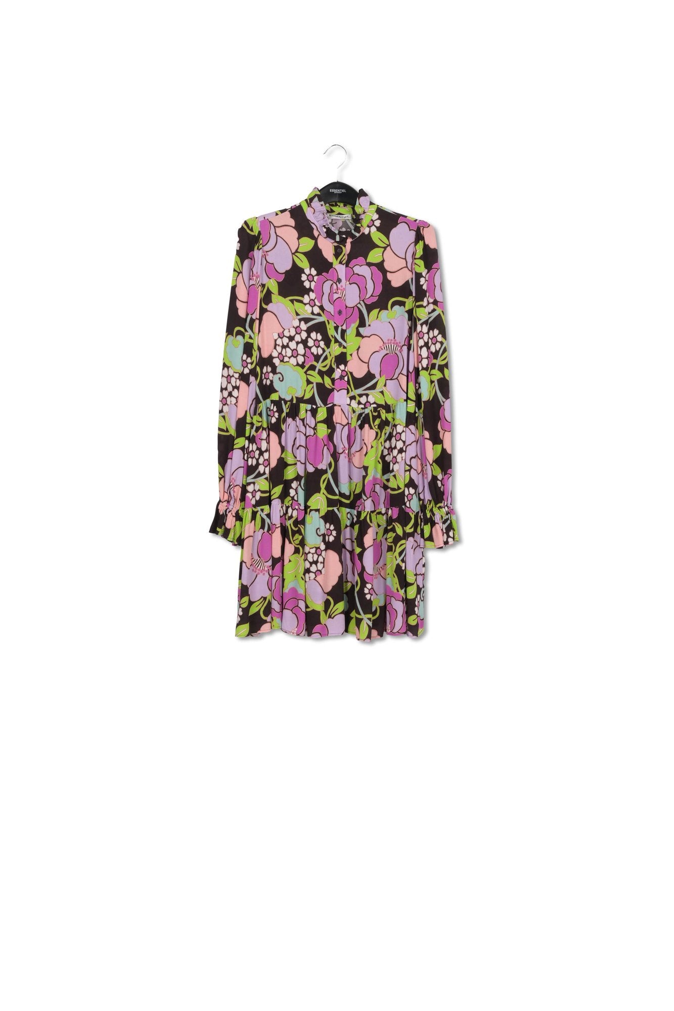 Black tiered mini dress with floral print RE—SSENTIEL | Essentiel second hand