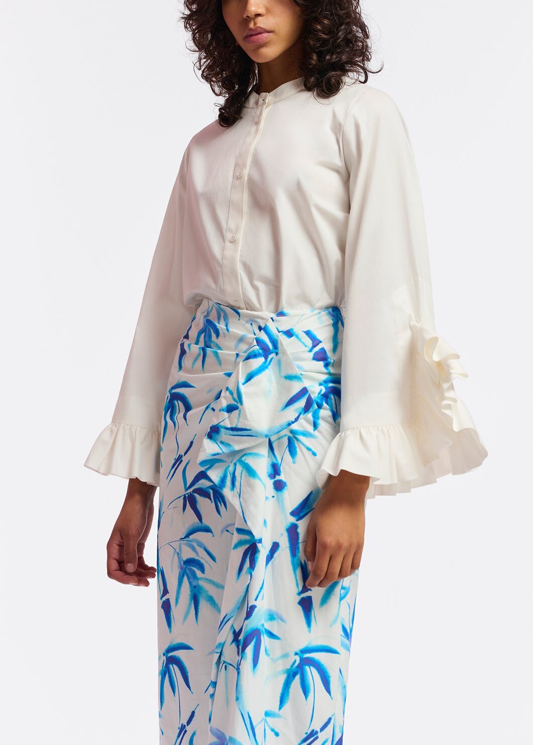 Off-white cotton draped midi skirt with palm leaf print RE—SSENTIEL | Essentiel second hand