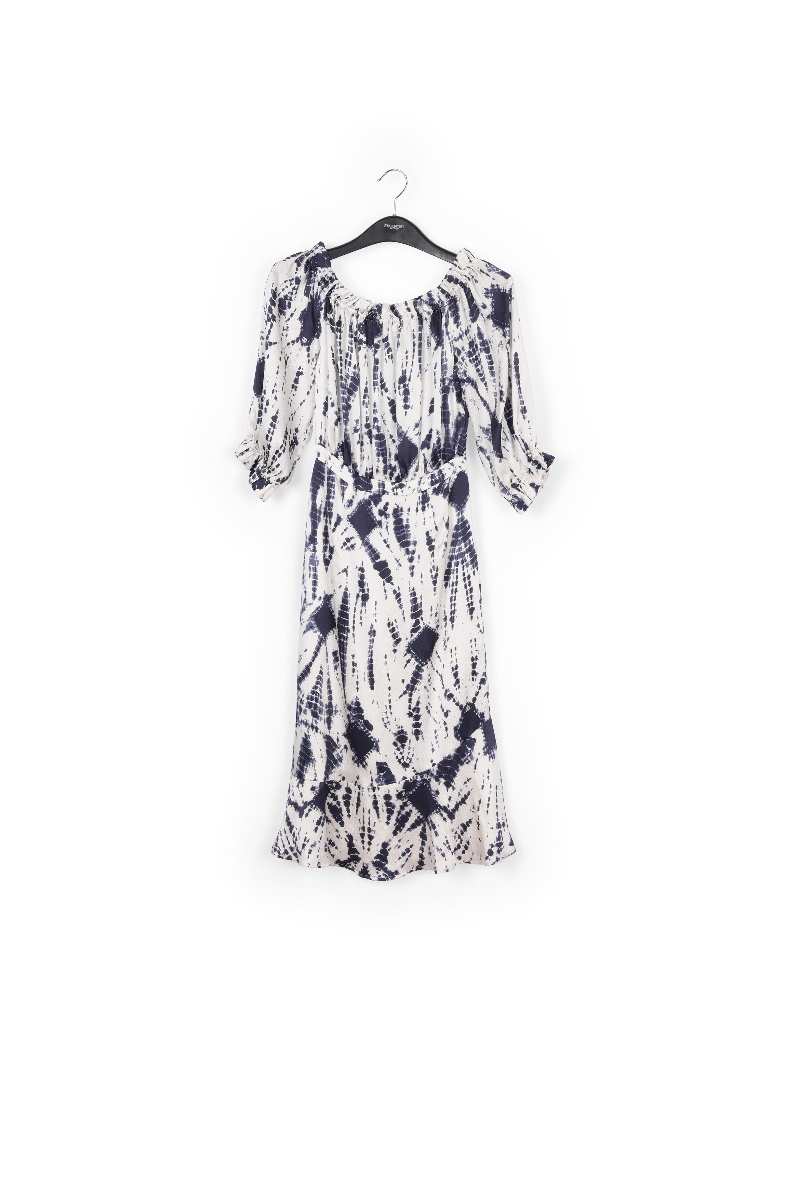 Off-white and dark blue tie-dyed off-the-shoulder silk dress RE—SSENTIEL | Essentiel second hand