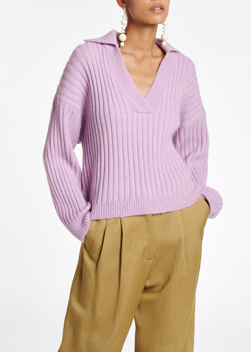 Lilac V-neck ribbed-knit sweater RE—SSENTIEL | Essentiel second hand