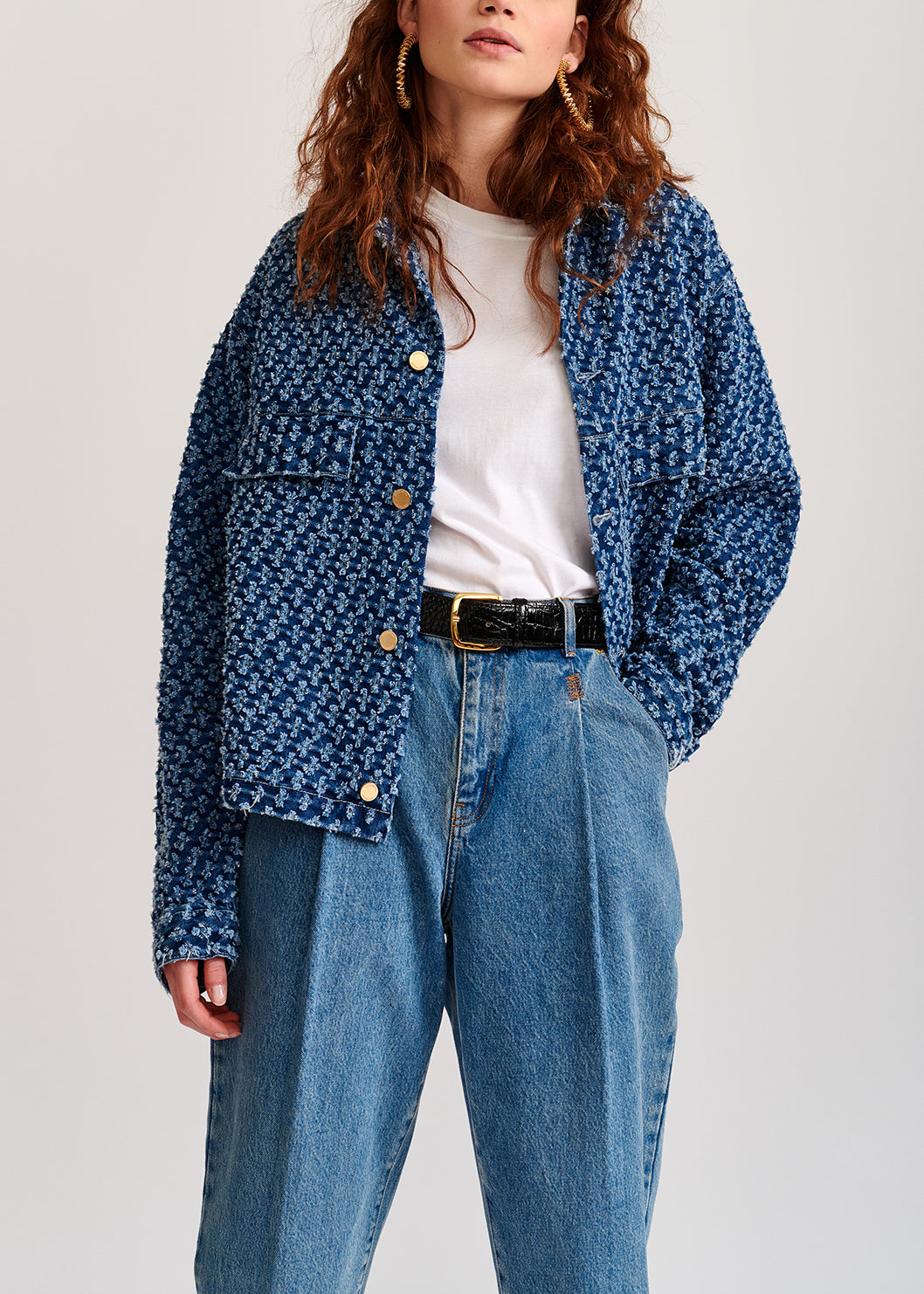 Dark blue perforated oversized denim jacket RE—SSENTIEL | Essentiel second hand
