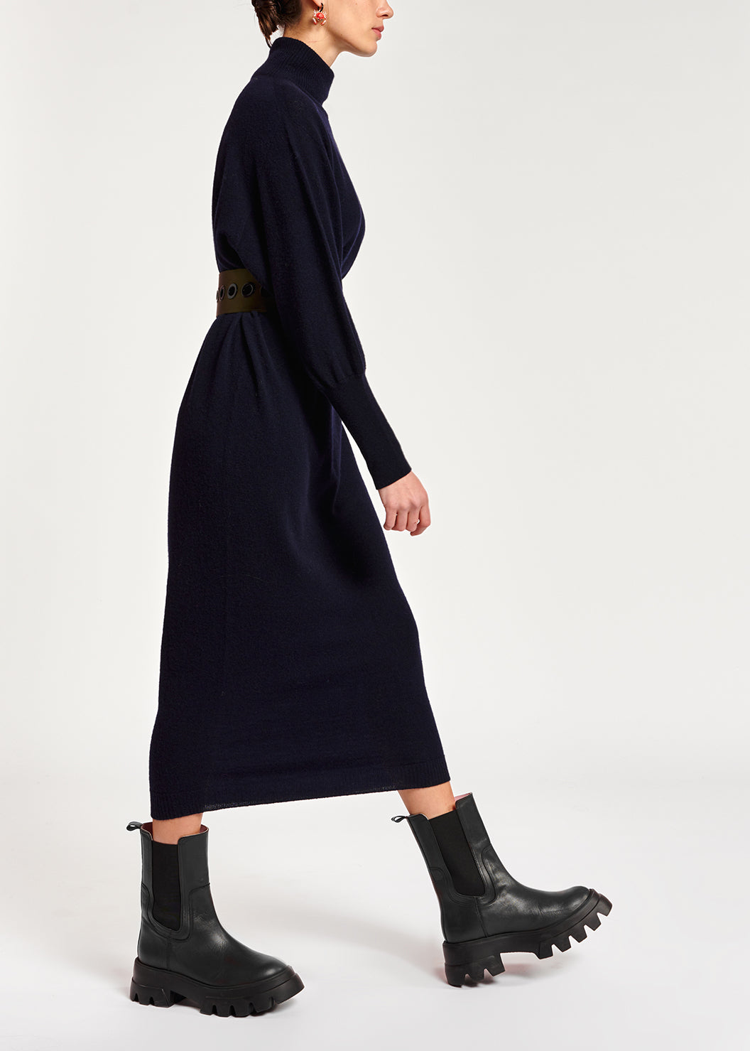 Dark blue midi-length merino wool blend knit dress RE—SSENTIEL | Essentiel second hand