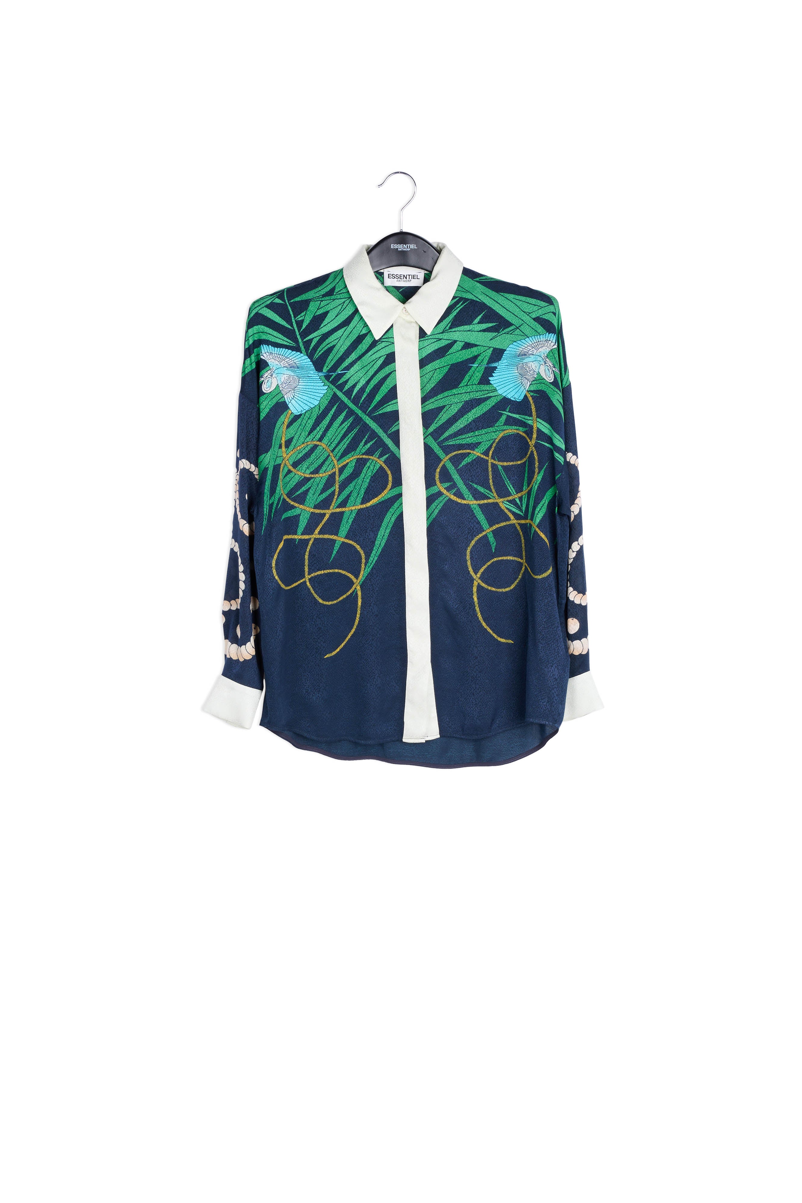 Dark blue tropical print viscose-jacquard shirt RE—SSENTIEL | Essentiel second hand