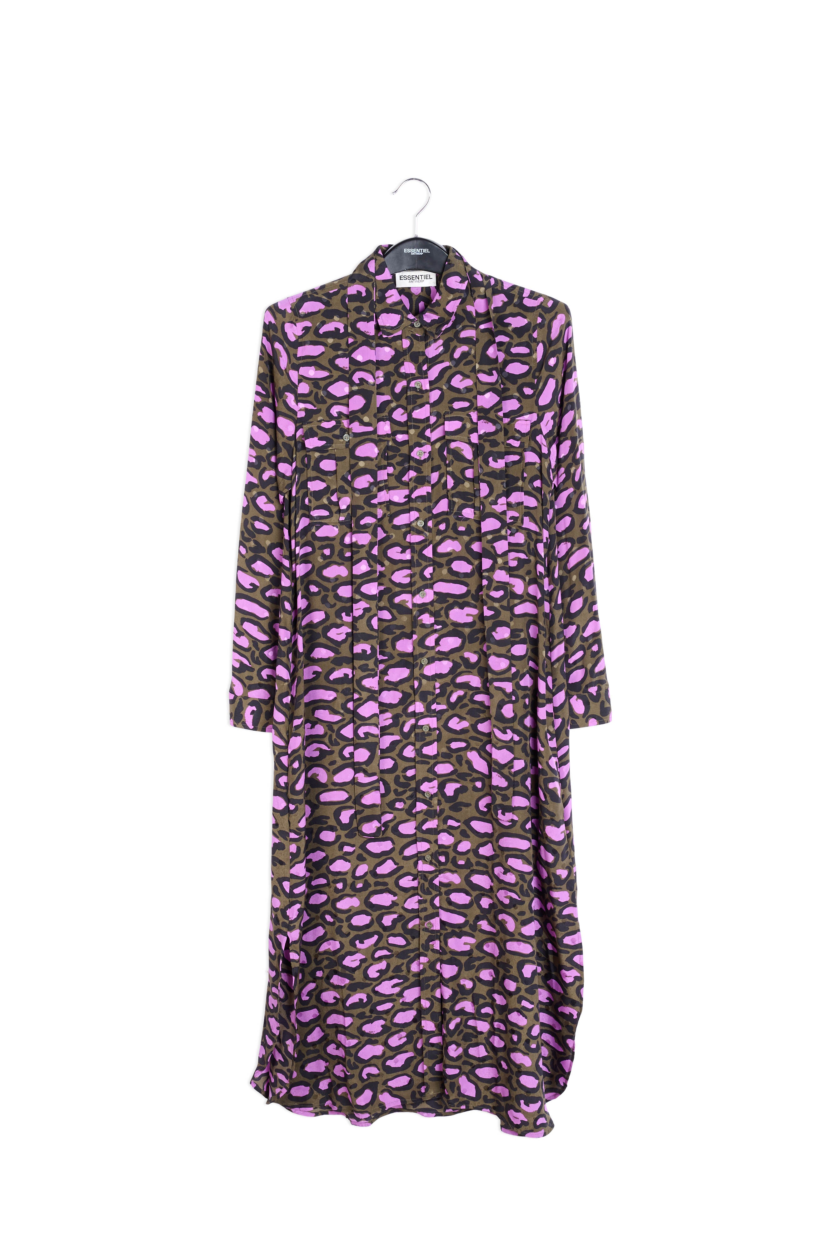 Kakigroene zijden hemdjurk met luipaardprint RE—SSENTIEL | Essentiel second hand