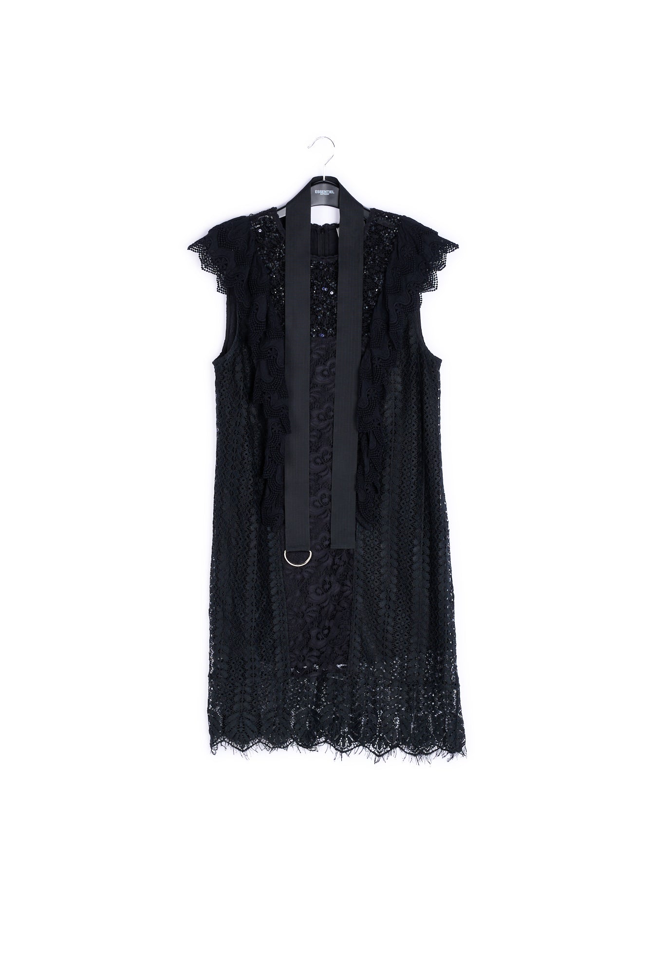 Black ruffled lace belted dress with sequins RE—SSENTIEL | Essentiel second hand
