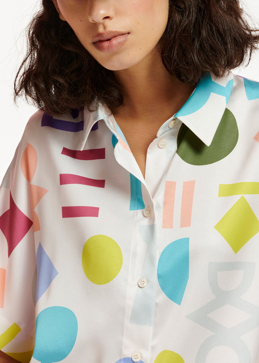 White abstract-printed satin shirt RE—SSENTIEL | Essentiel second hand