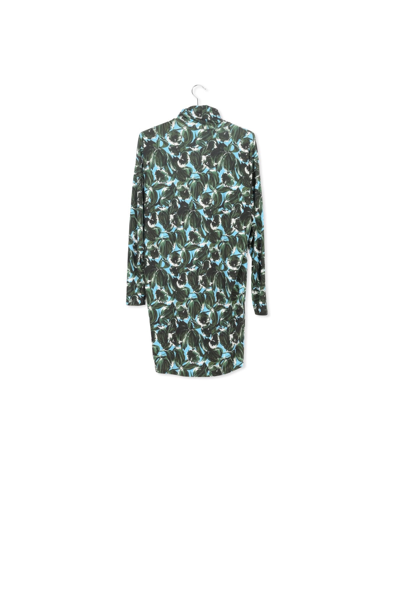 Blue and dark green leaf-printed mini dress with turtleneck RE—SSENTIEL | Essentiel second hand