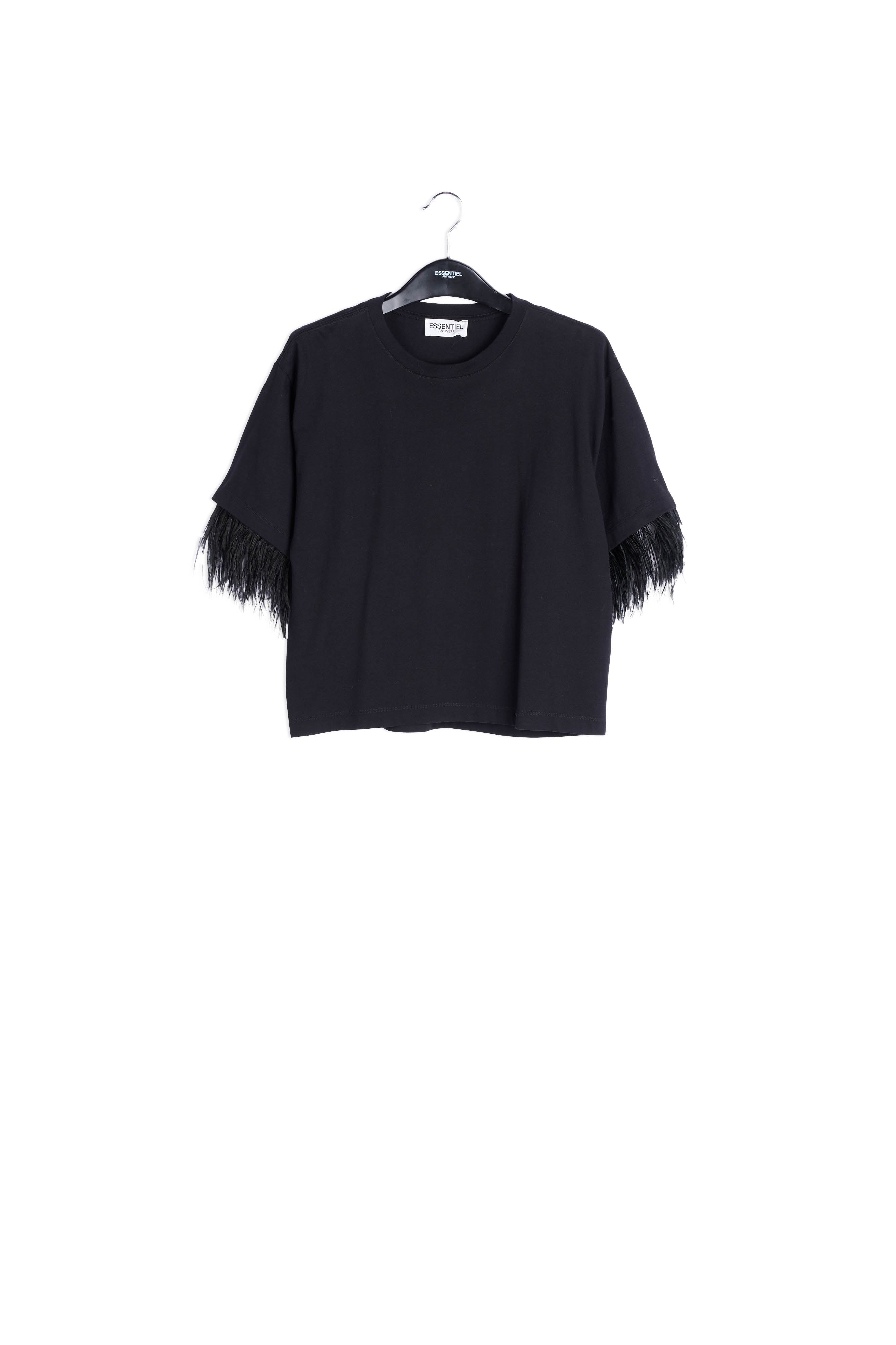 Black cotton-jersey t-shirt with feather trims RE—SSENTIEL | Essentiel second hand