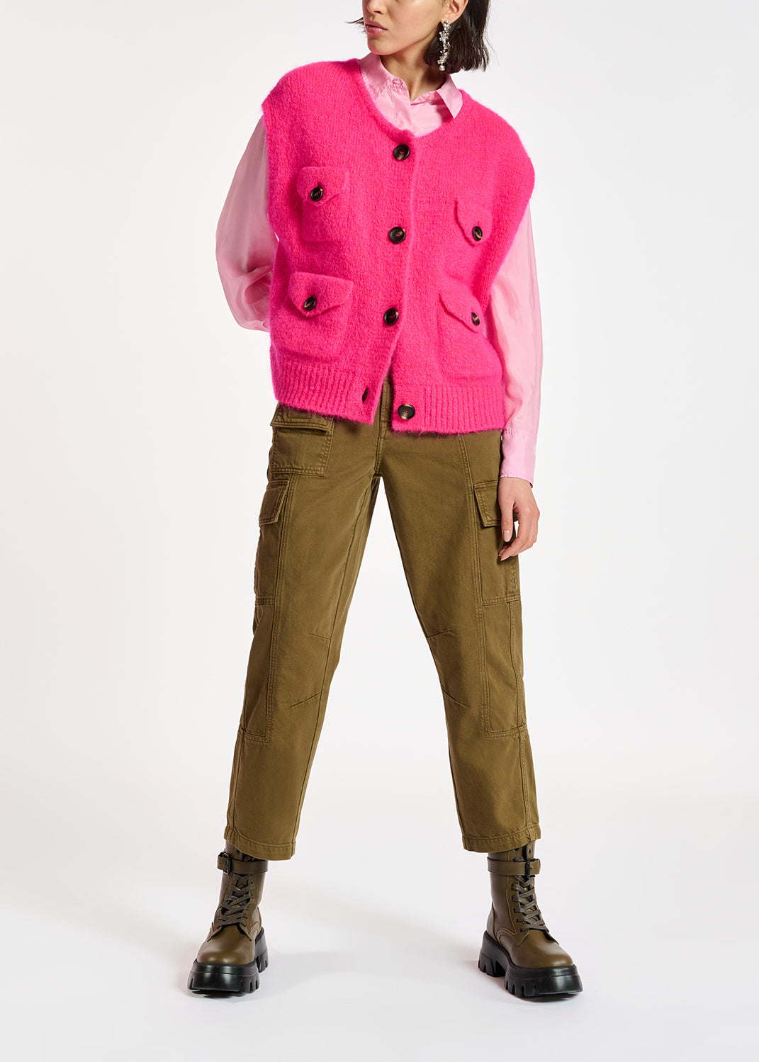 Neon pink sleeveless mohair-blend cardigan RE—SSENTIEL | Essentiel second hand