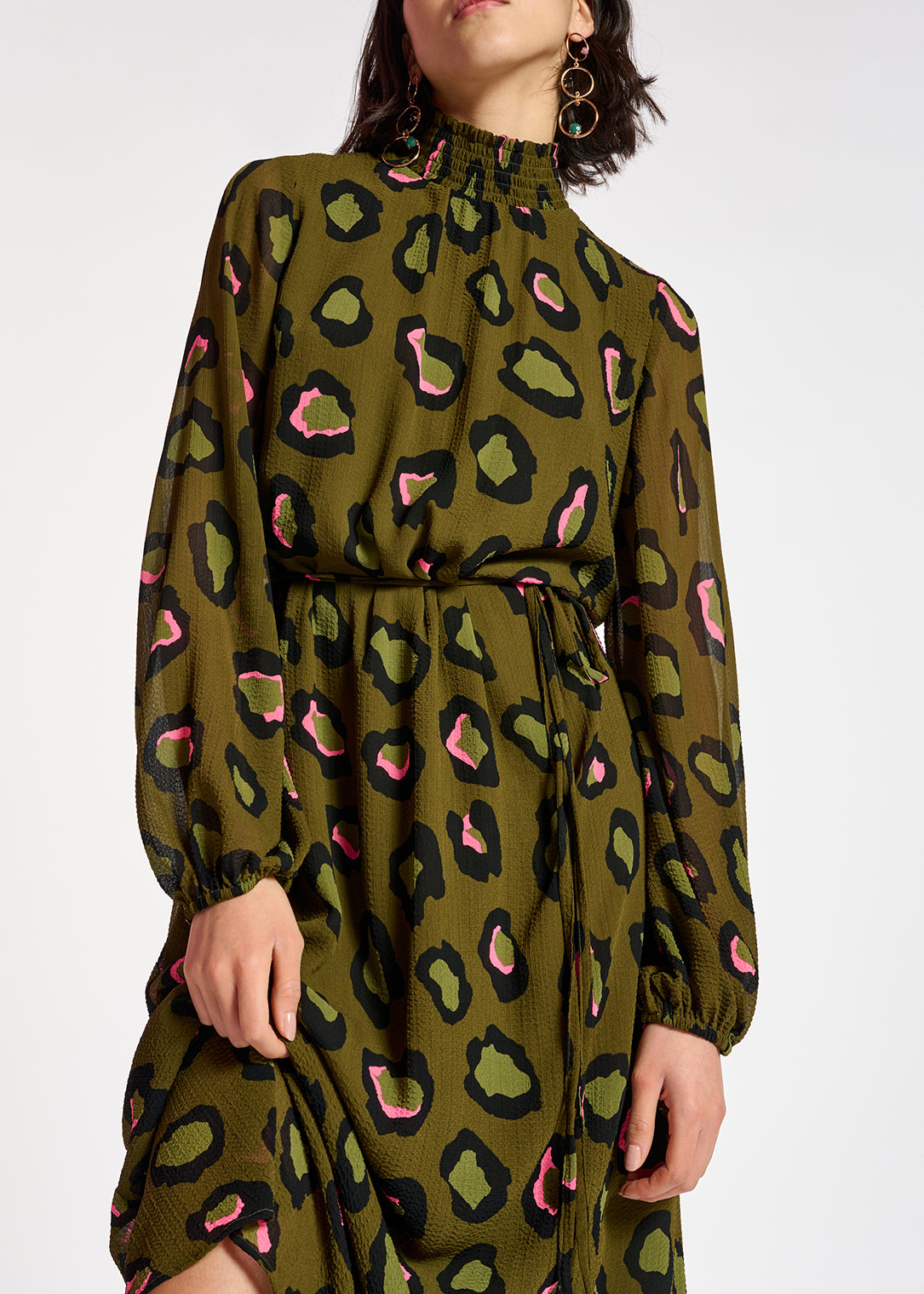Khaki leopard-print midi-length dress RE—SSENTIEL | Essentiel second hand