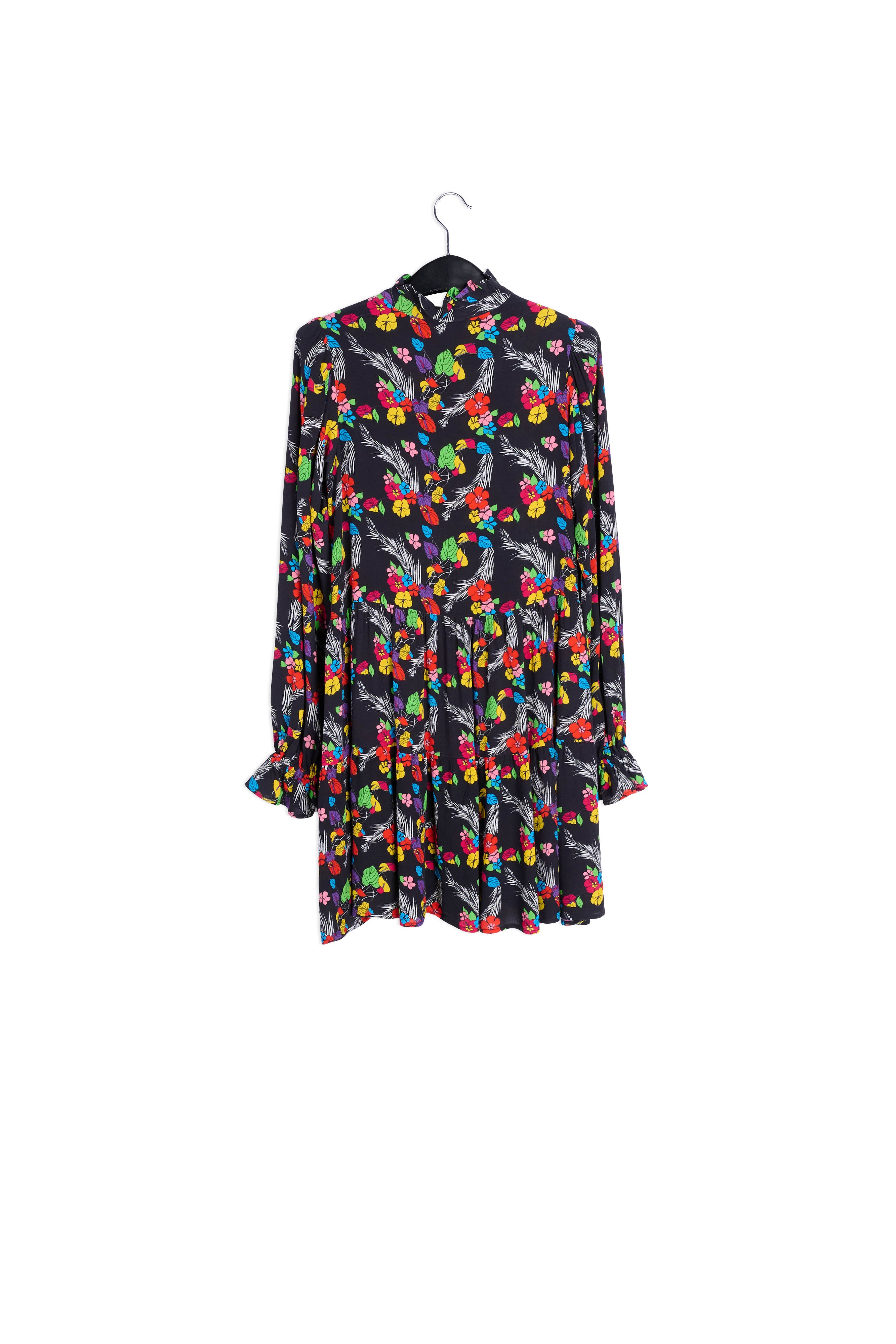 Zwarte mini-jurk met tropische print RE—SSENTIEL | Essentiel second hand