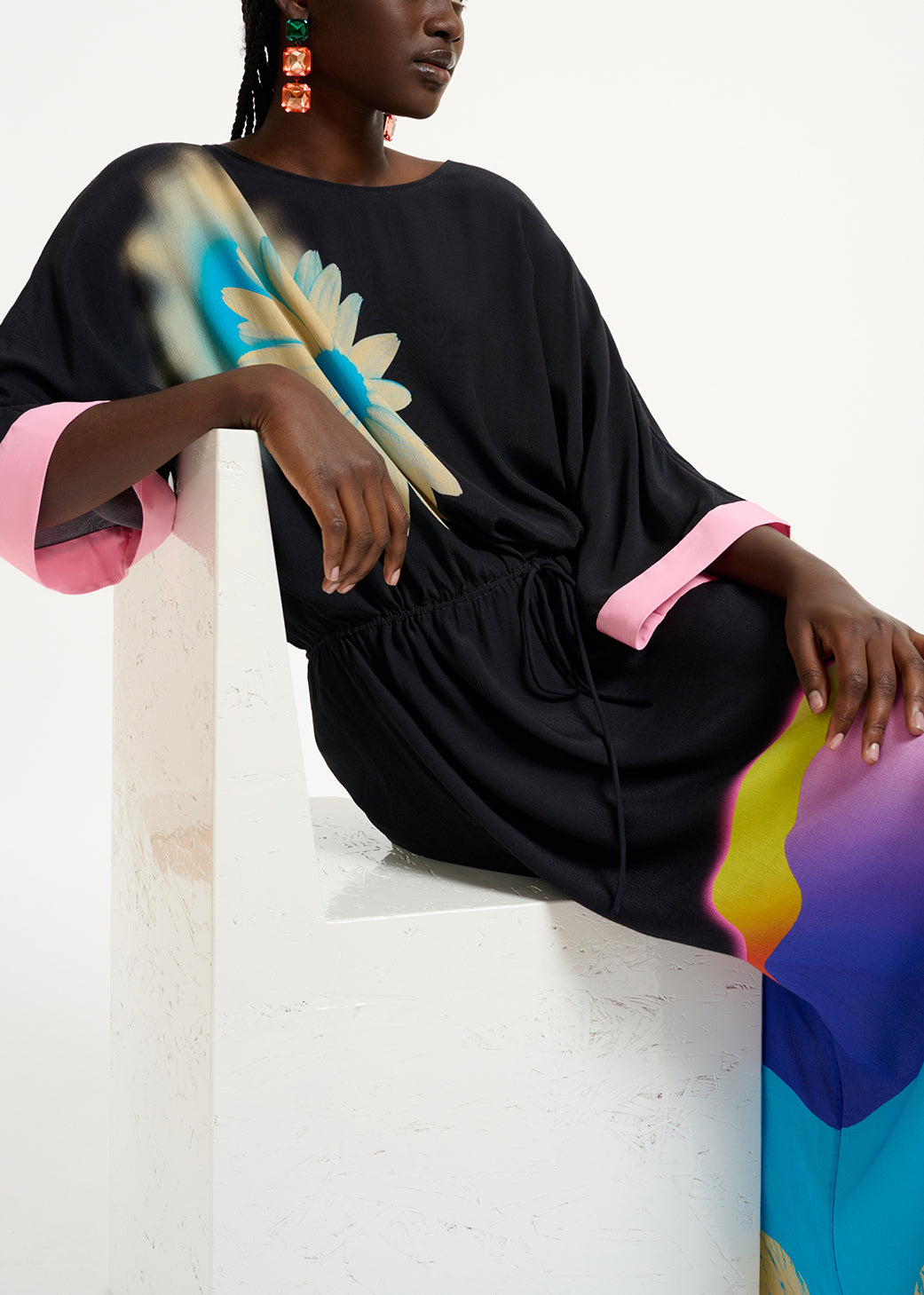 Black midi-length dress with multicolor print RE—SSENTIEL | Essentiel second hand