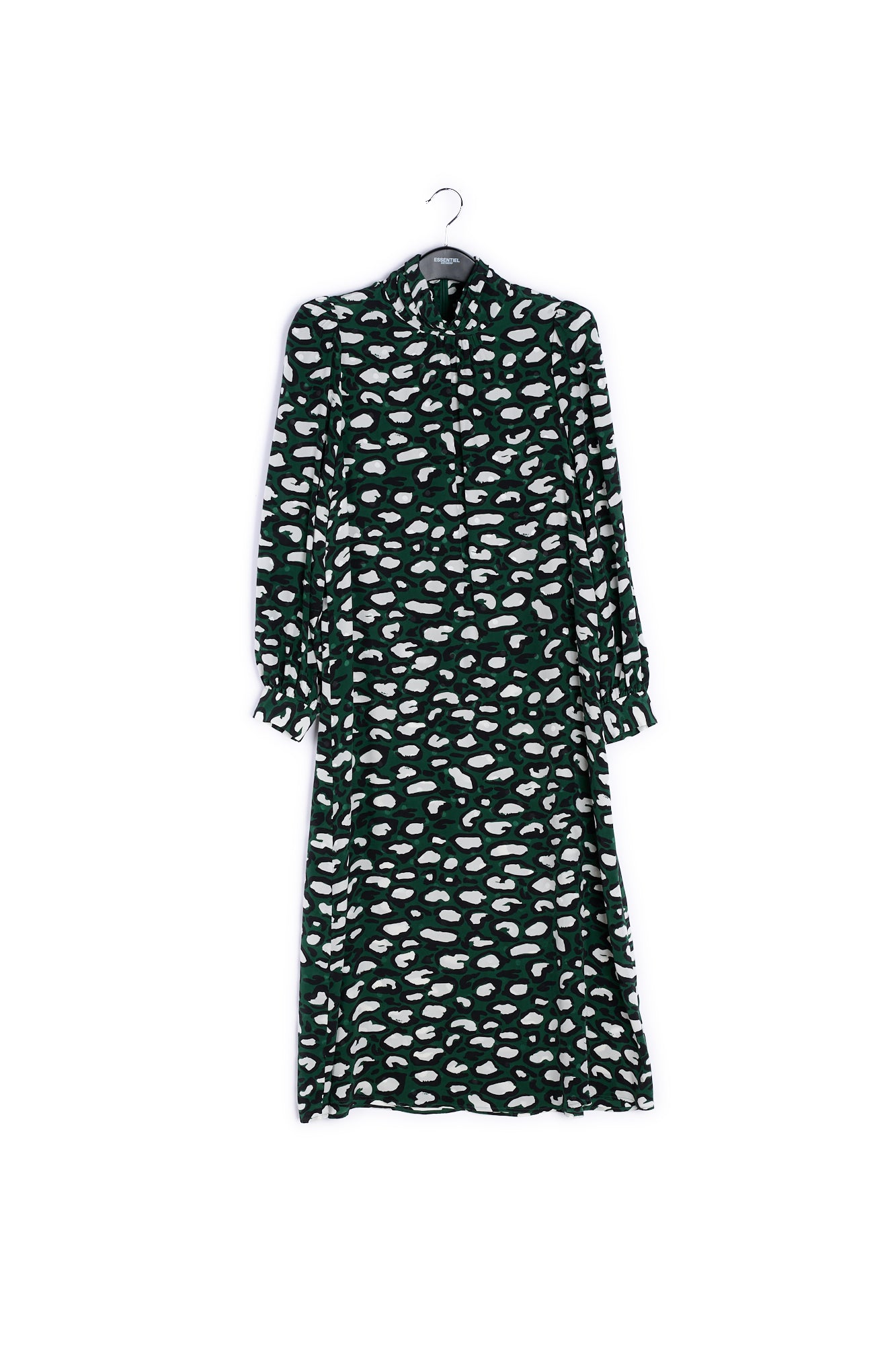 Flesgroene zijden midi-jurk met opstaande kraag en luipaardprint RE—SSENTIEL | Essentiel second hand