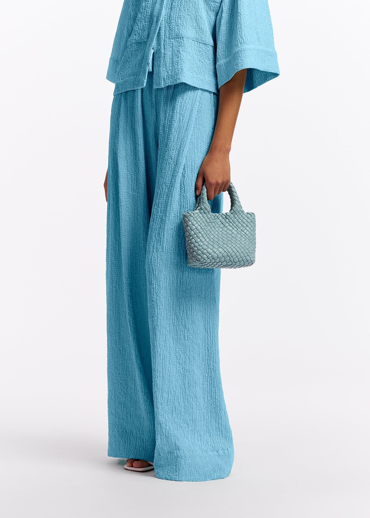 Light blue wide-leg seersucker pants RE—SSENTIEL | Essentiel second hand