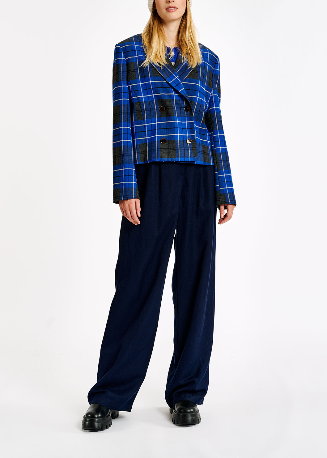Blue check cropped-fit blazer RE—SSENTIEL | Essentiel second hand