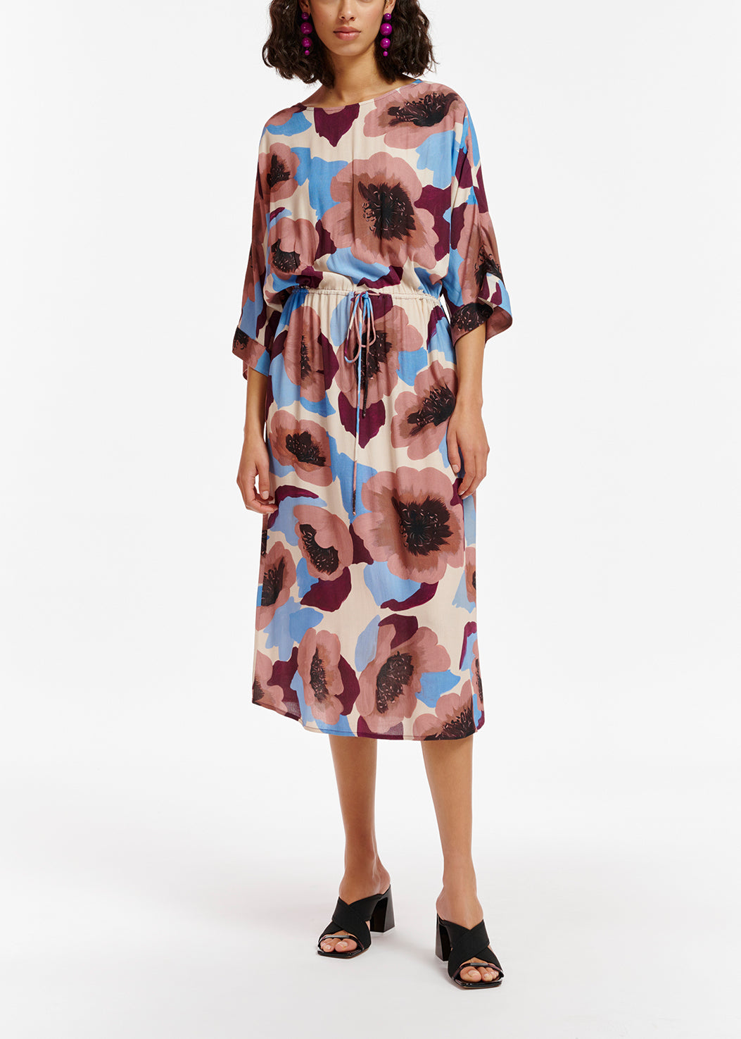 Mauve, burgundy and blue midi-length dress with floral print RE—SSENTIEL | Essentiel second hand