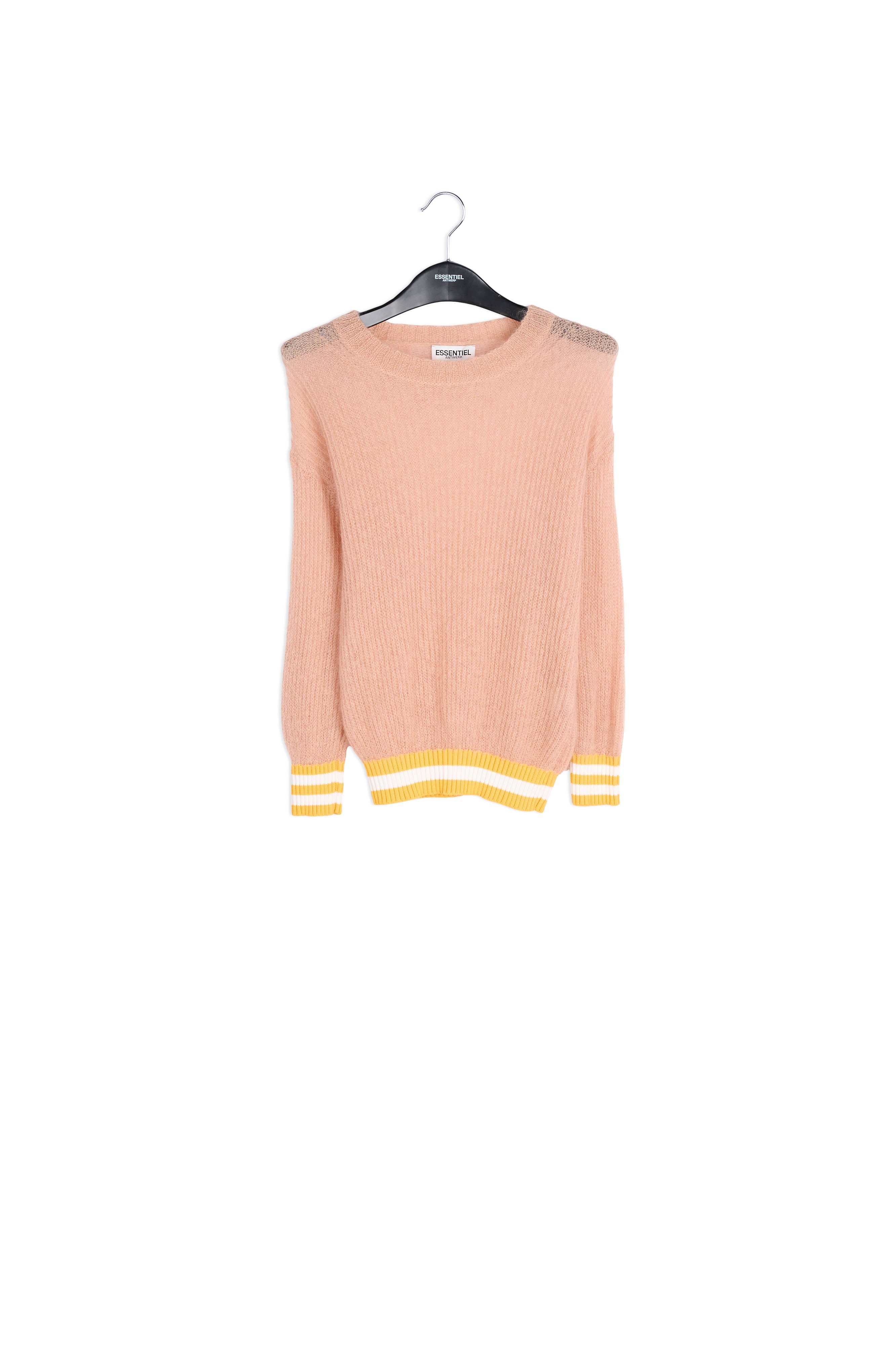 Pull rose clair avec bords à rayures jaunes et blanches RE—SSENTIEL | Essentiel second hand