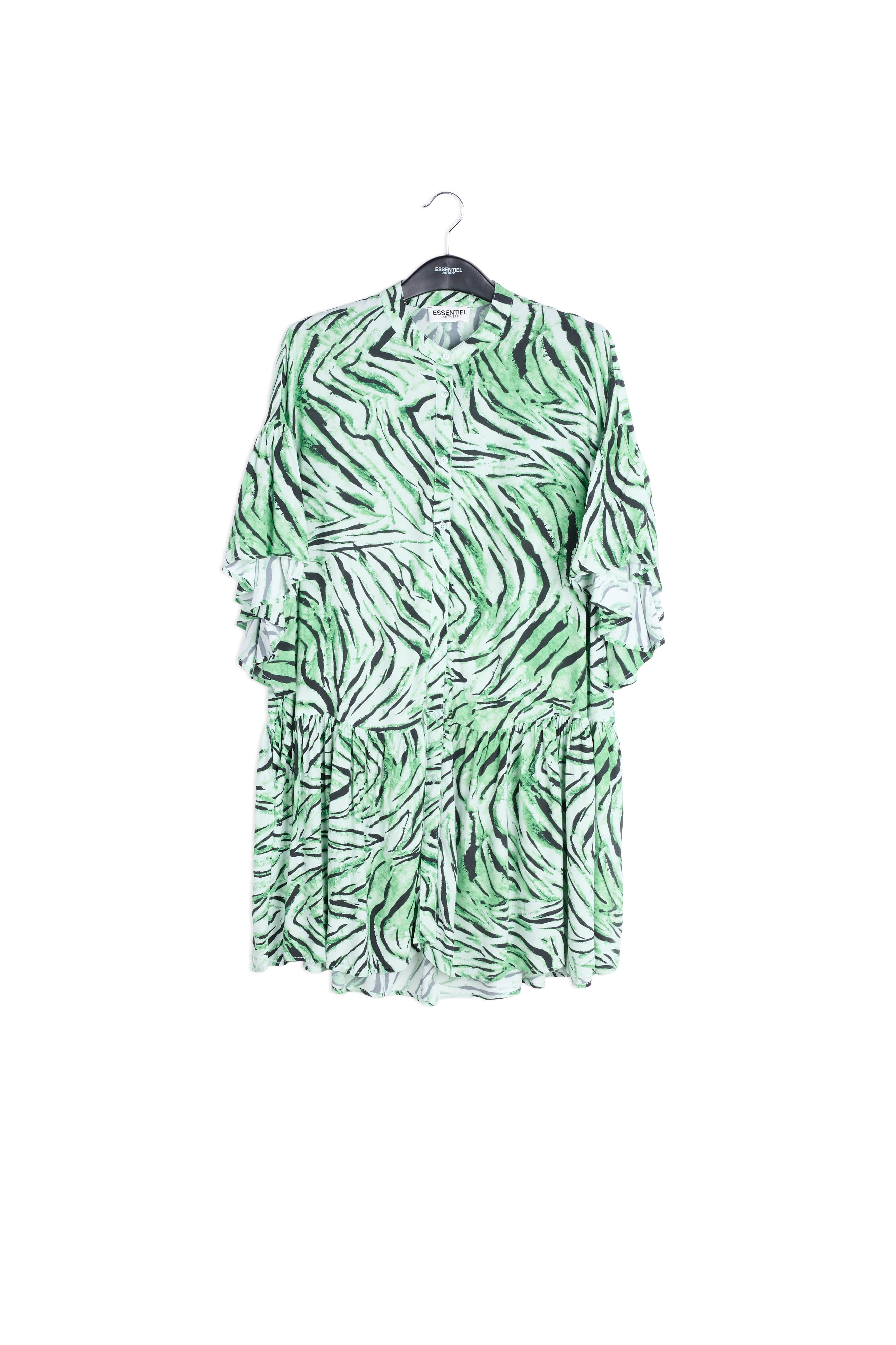 Muntgroene mini-jurk met tijgerprint RE—SSENTIEL | Essentiel second hand