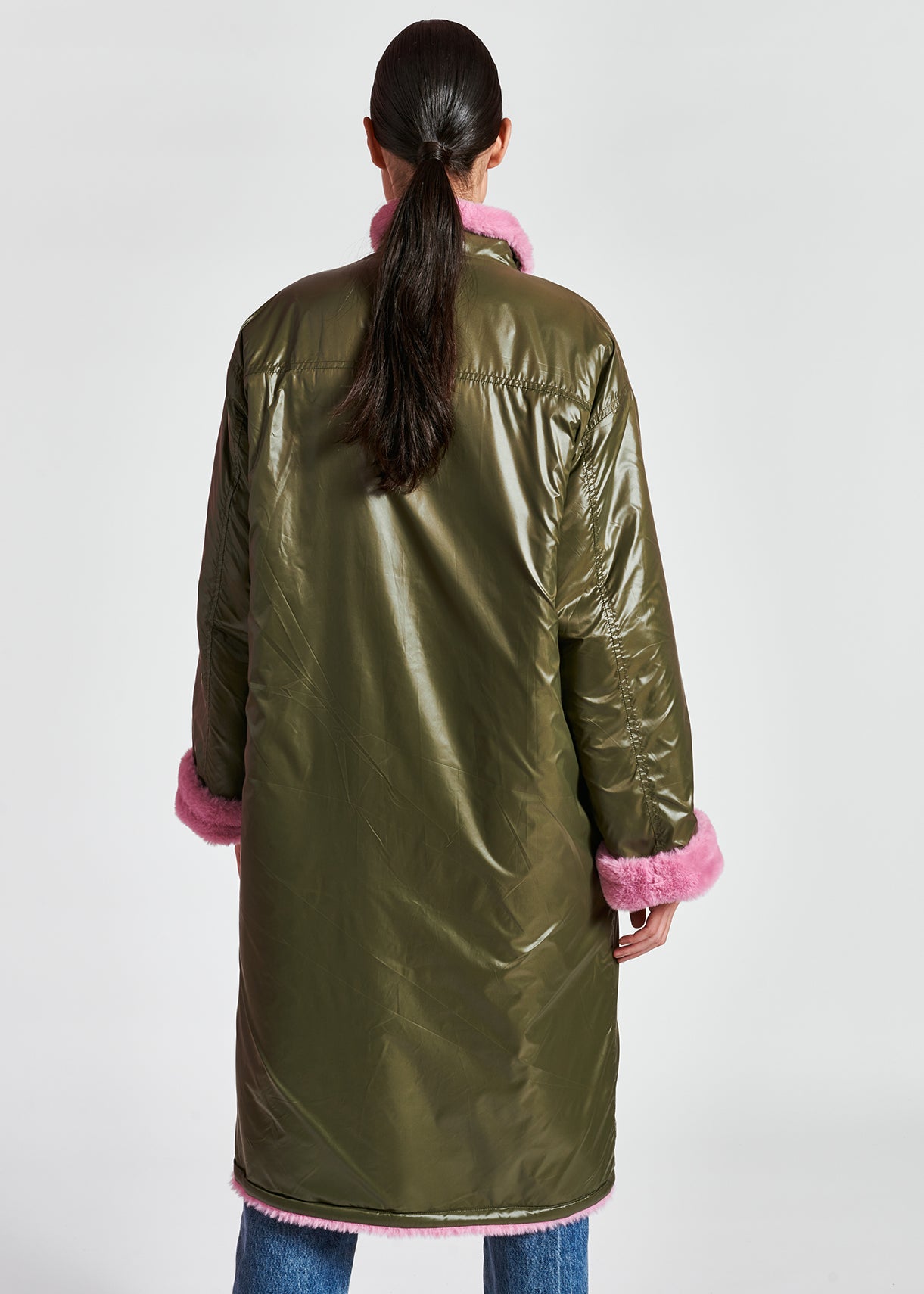 Khaki green and pink reversible faux fur coat RE—SSENTIEL | Essentiel second hand