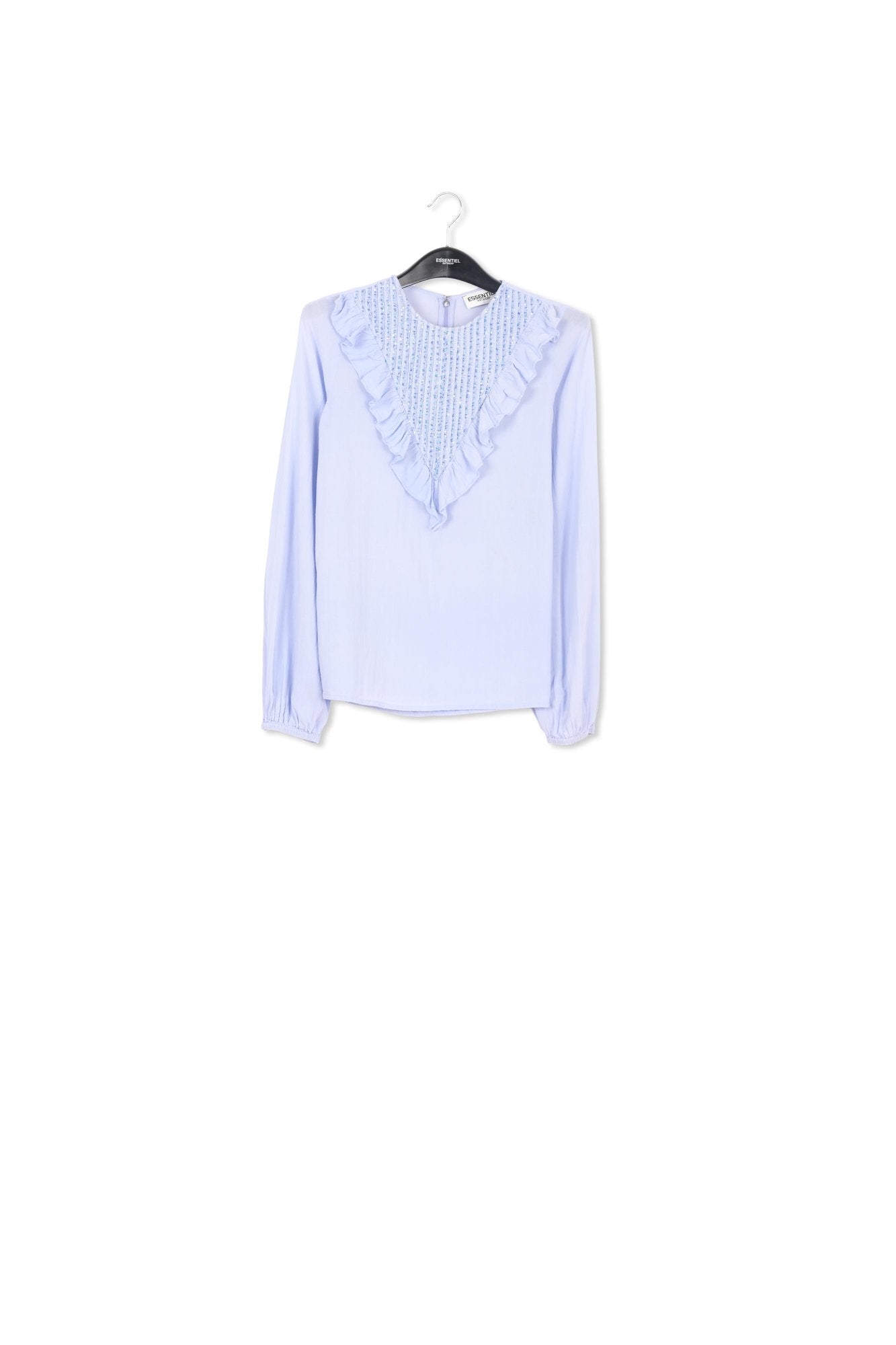 Lichtblauwe top met ruches en pailletten RE—SSENTIEL | Essentiel second hand
