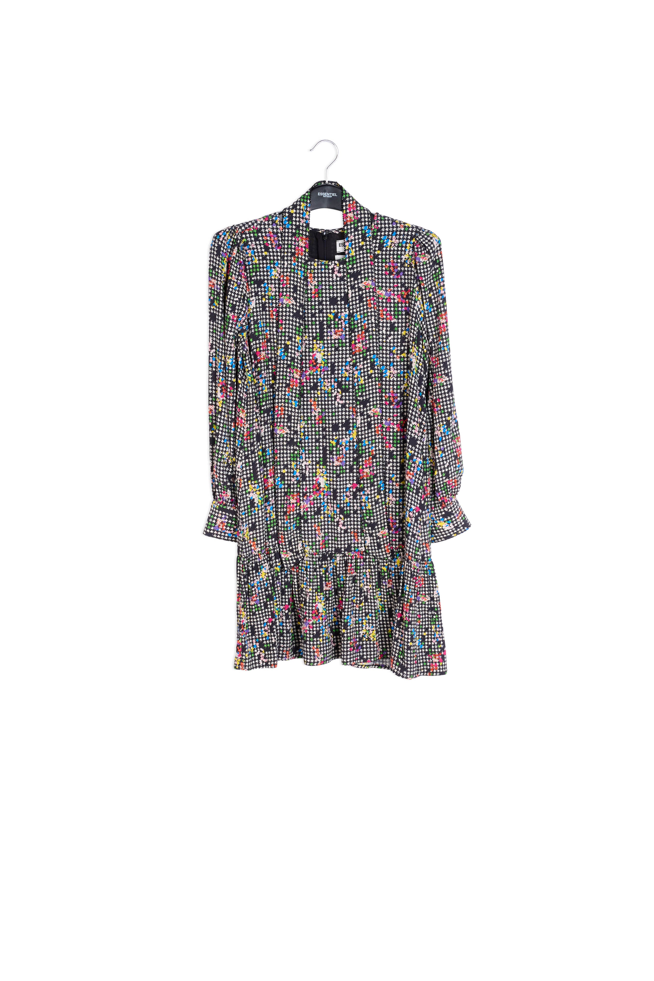 Zwart en witte mini-jurk met volantzoom RE—SSENTIEL | Essentiel second hand