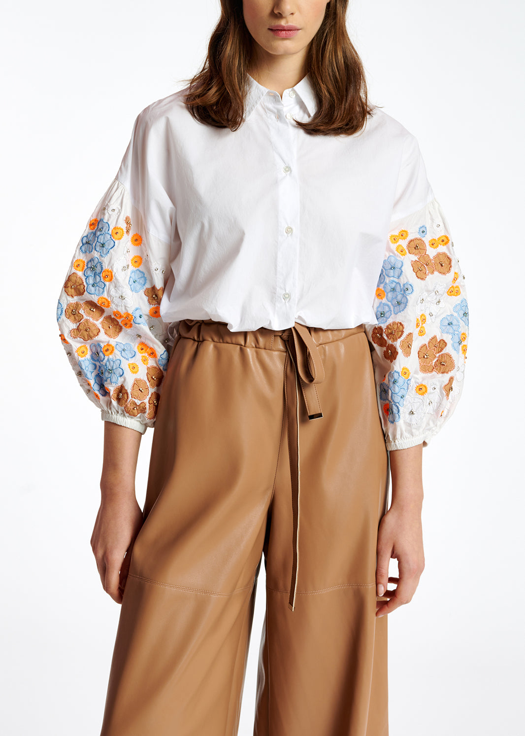 Bruine faux leren broek met wijde pijpen RE—SSENTIEL | Essentiel second hand