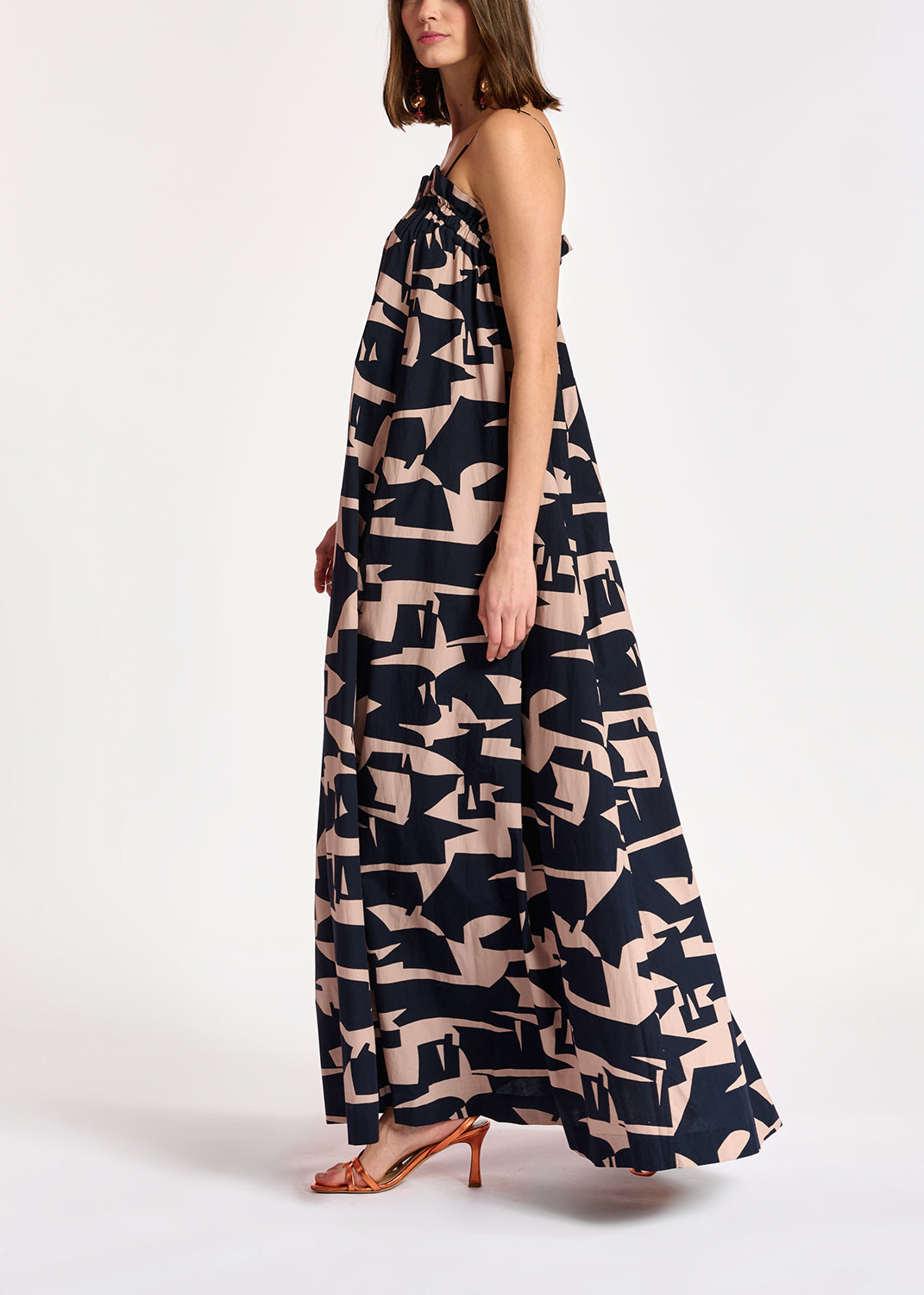 Dark blue and beige abstract print cotton maxi dress RE—SSENTIEL | Essentiel second hand