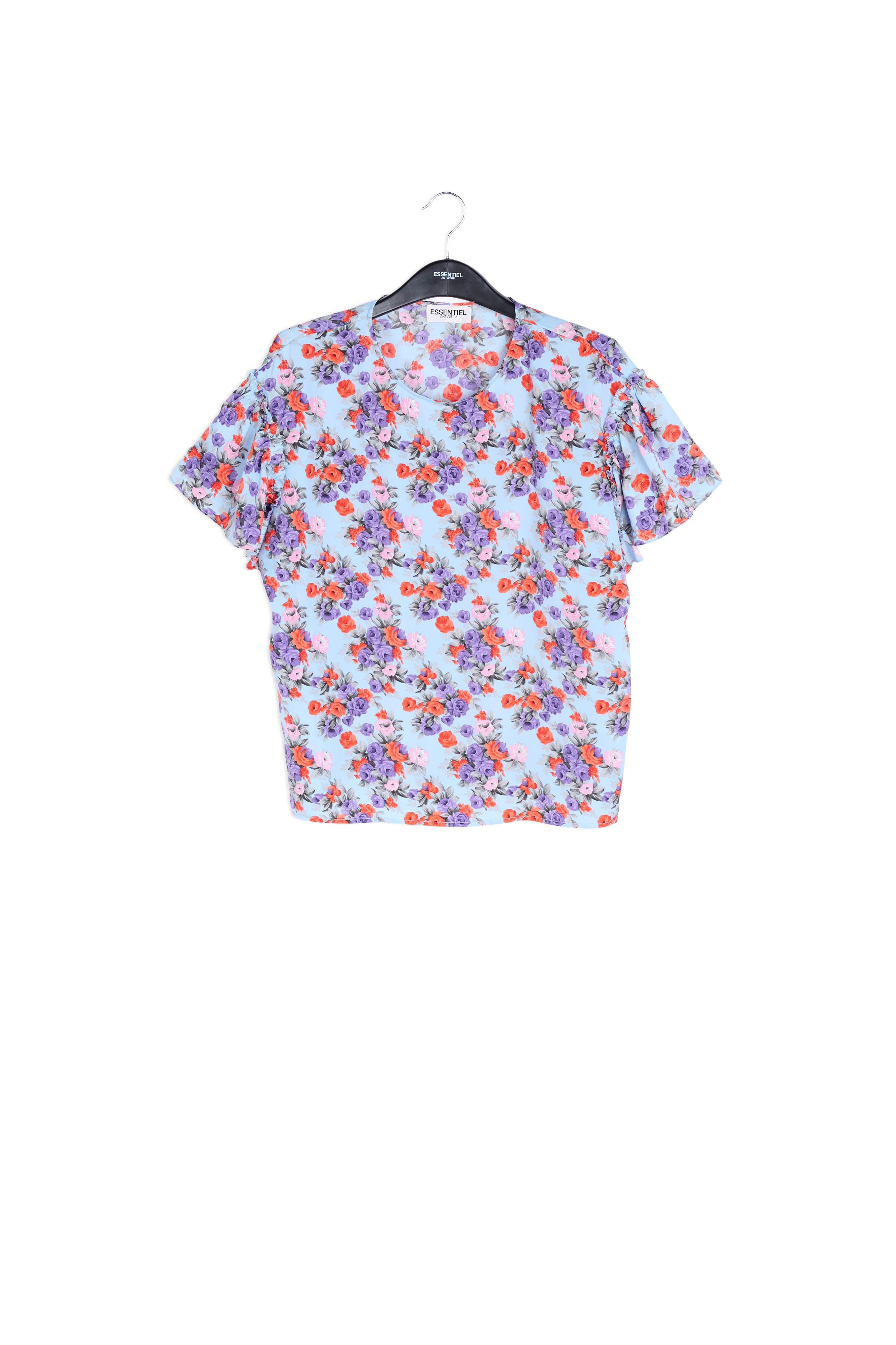 Light blue floral ruffle-sleeved top RE—SSENTIEL | Essentiel second hand