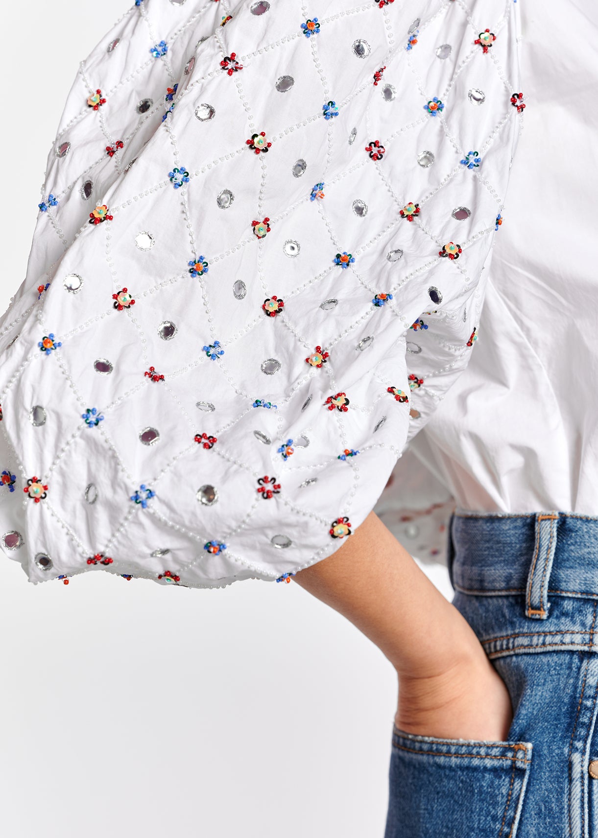 White mirror-embroidered puffed-sleeve shirt RE—SSENTIEL | Essentiel second hand