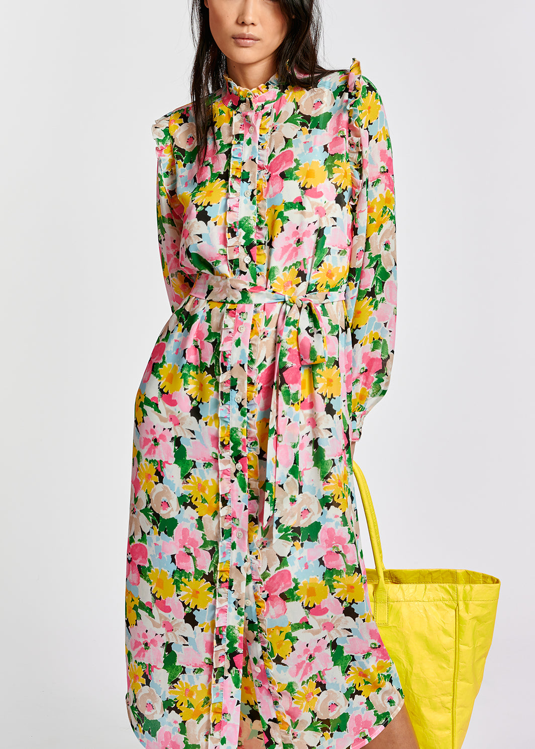 Kleurrijke hemdjurk met bloemen en ruches RE—SSENTIEL | Essentiel second hand