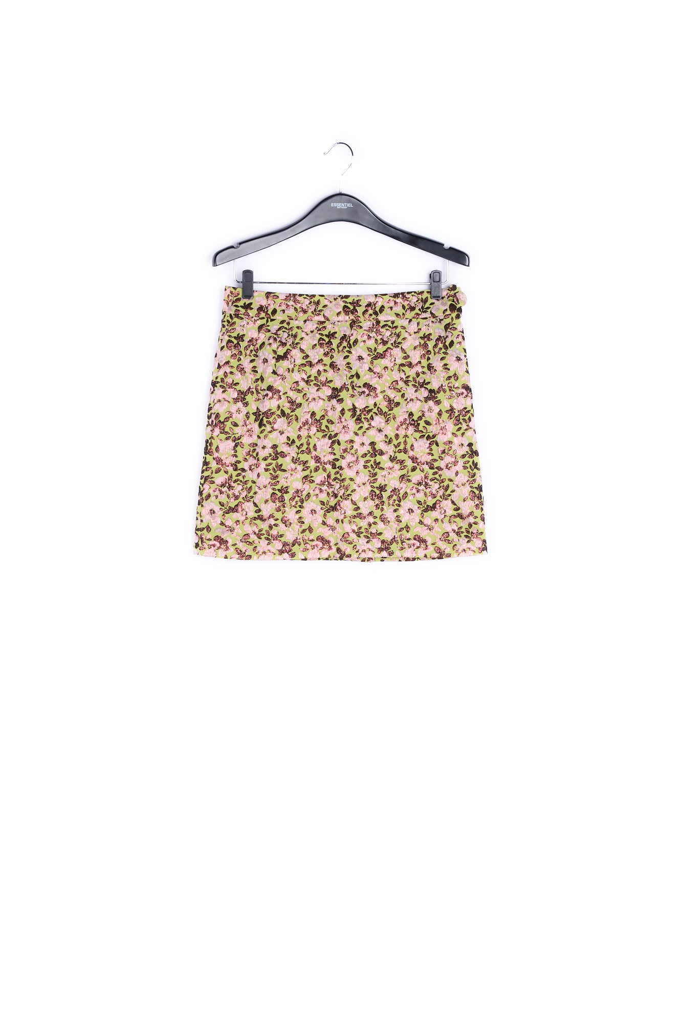 Green mini skirt with metallic floral motif RE—SSENTIEL | Essentiel second hand