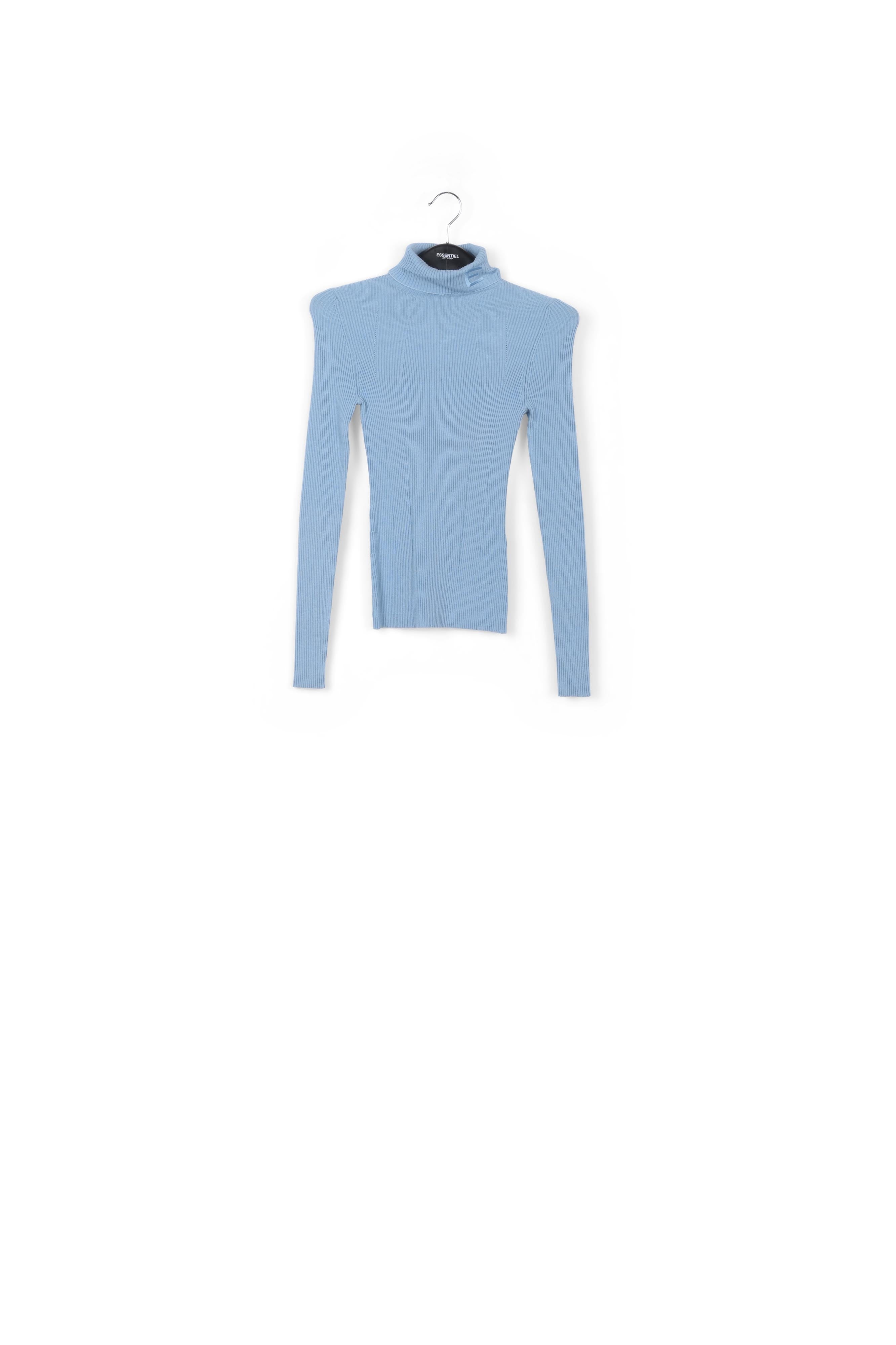 Pull bleu clair en maille côtelée à col roulé avec logo RE—SSENTIEL | Essentiel second hand