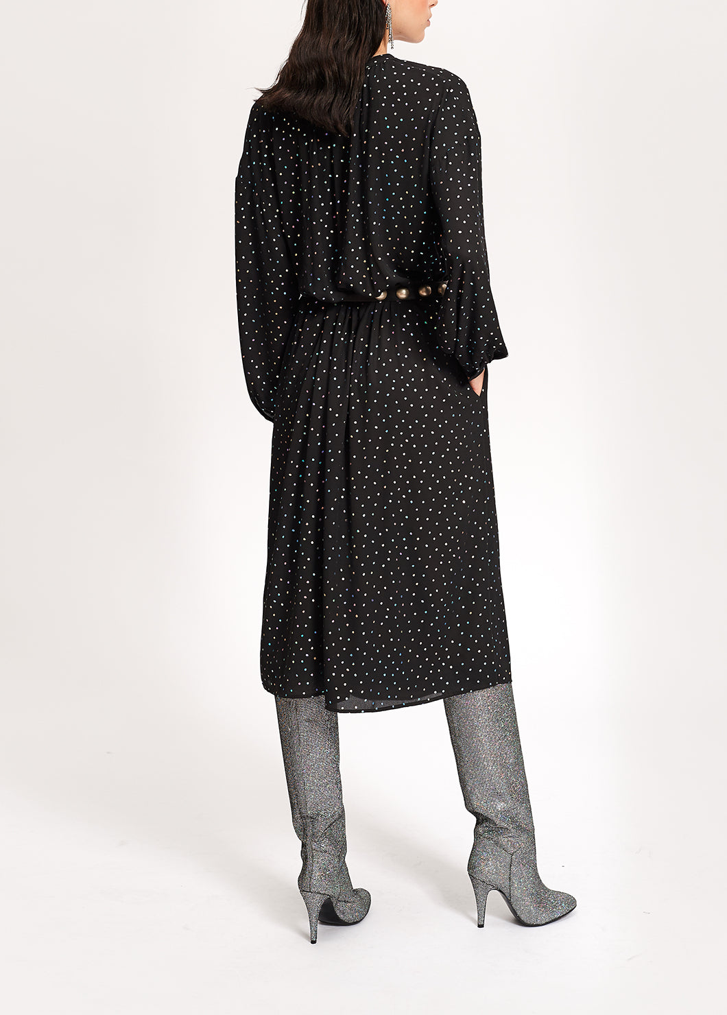 Black belted midi dress with holographic polka dots RE—SSENTIEL | Essentiel second hand