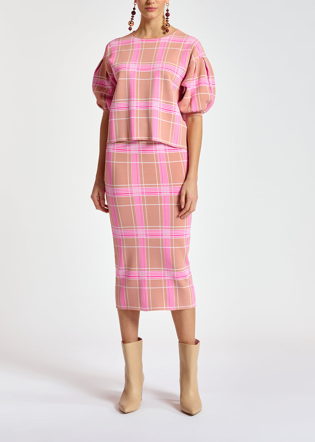 Vintage pink puffed sleeve knitted top with check motif RE—SSENTIEL | Essentiel second hand