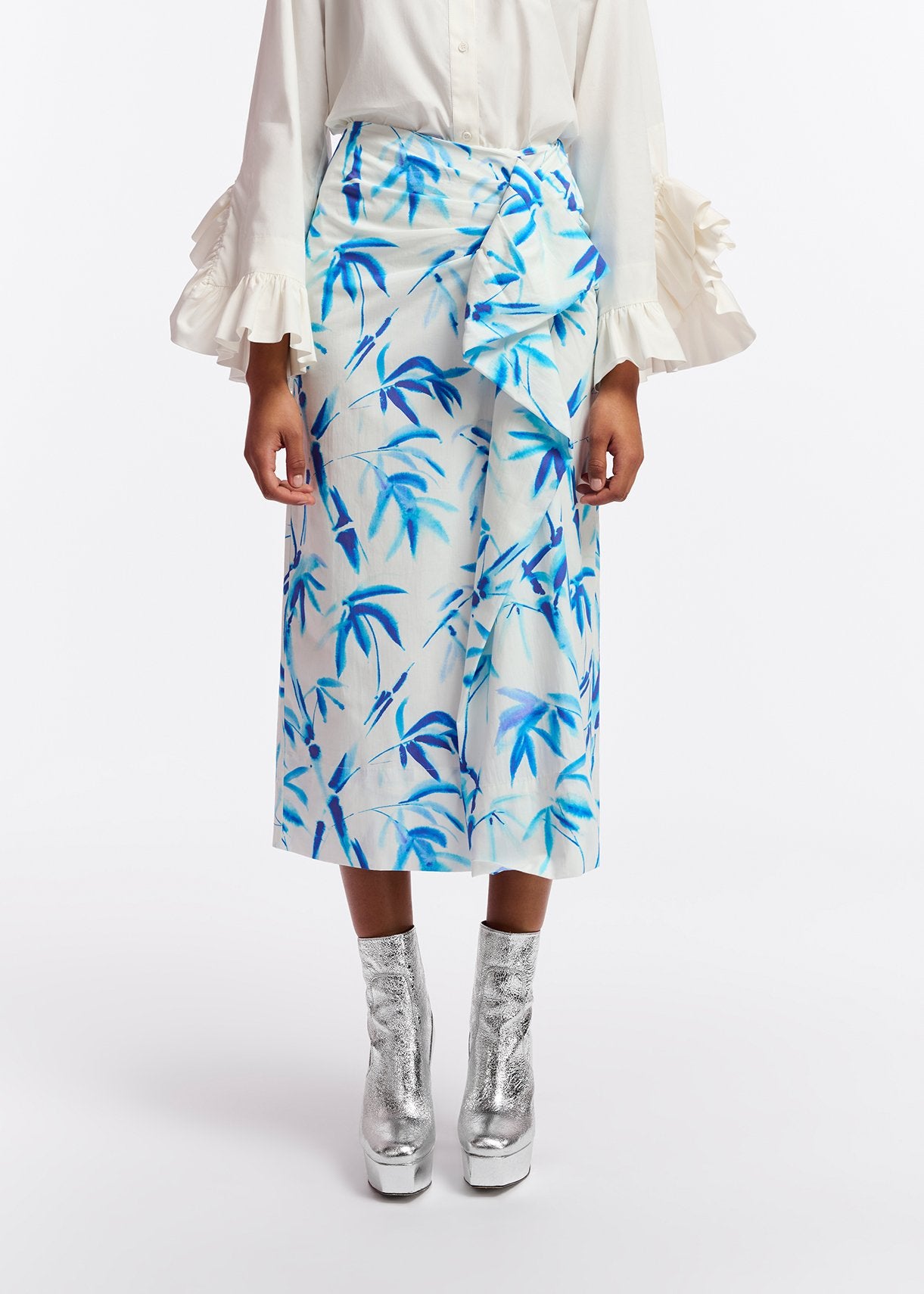 Off-white cotton draped midi skirt with palm leaf print RE—SSENTIEL | Essentiel second hand