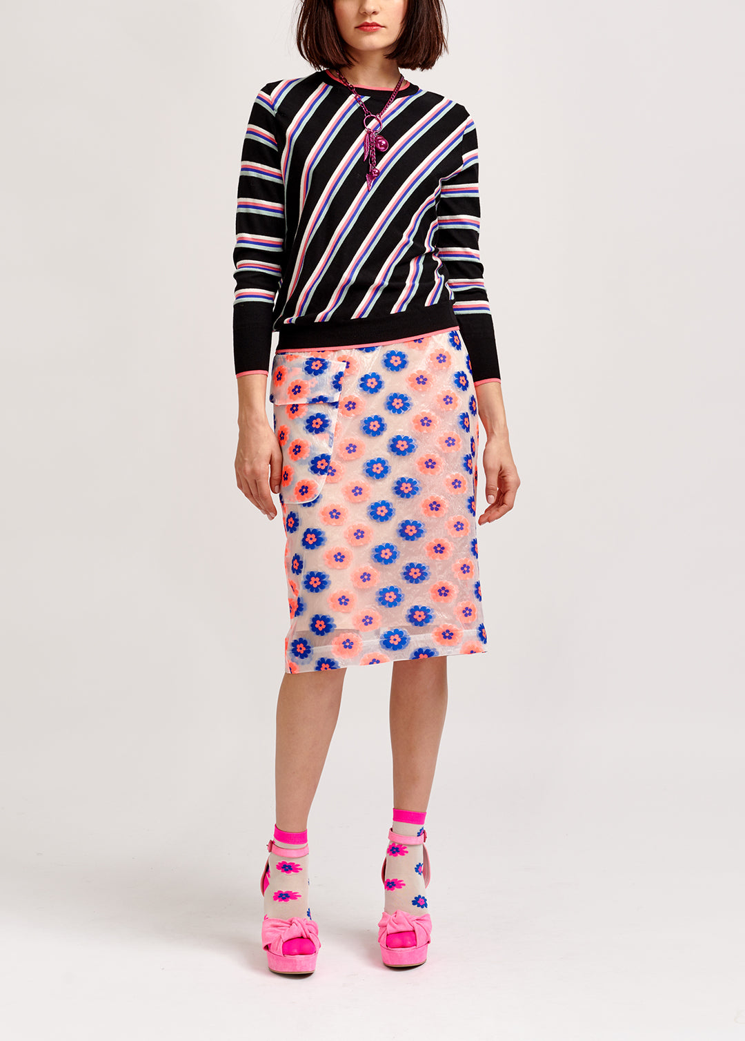 Neon pink and blue floral-print see-through pencil skirt RE—SSENTIEL | Essentiel second hand